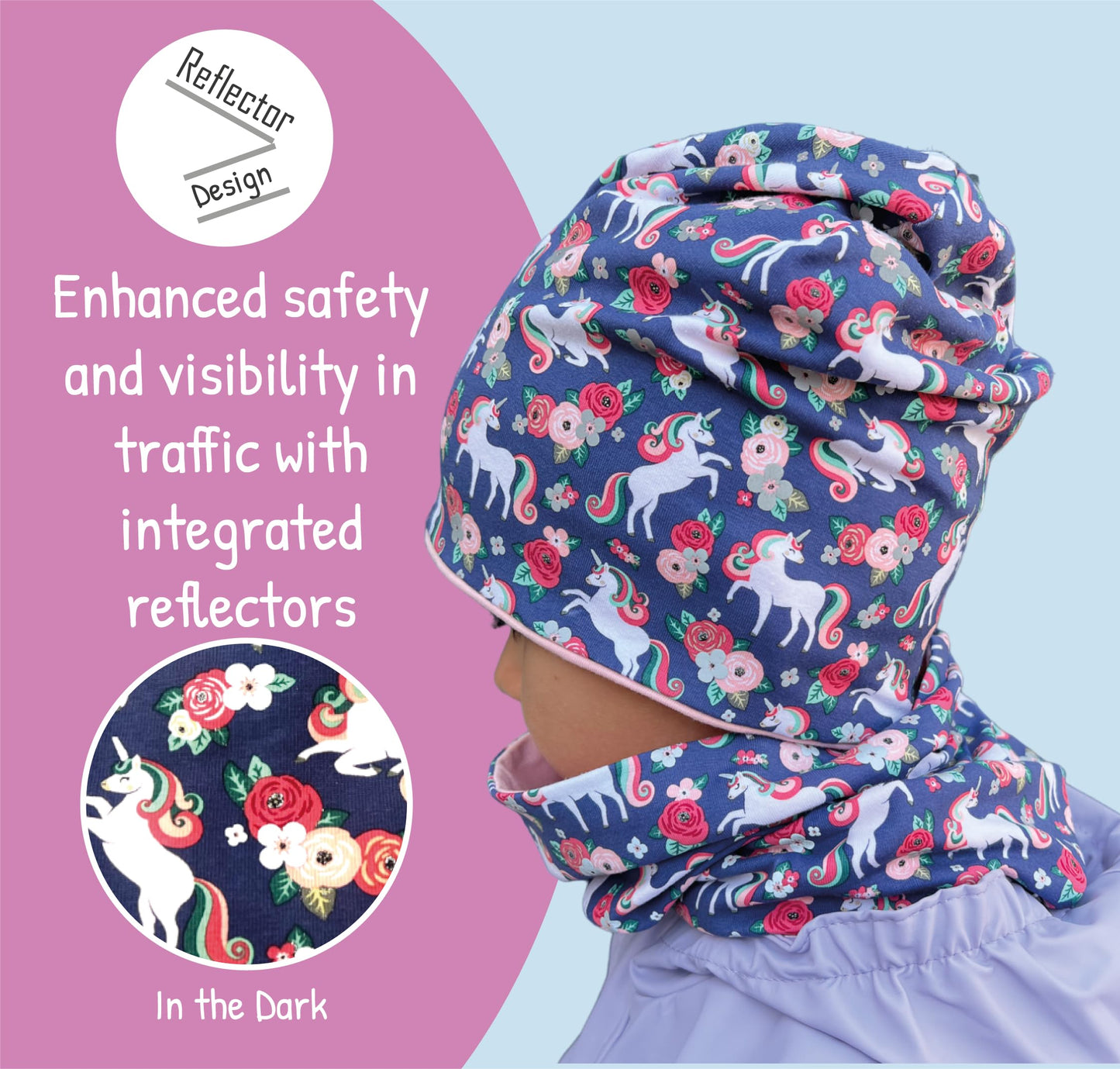Heckbo 360° Reflector Children's Hat & Loop Scarf Set, Many Designs, 2–8 Years, 95% Cotton, Soft & Easy-Care Stretch Material, for Boys, Girls, Beanie for Spring, Summer, Autumn, Winter