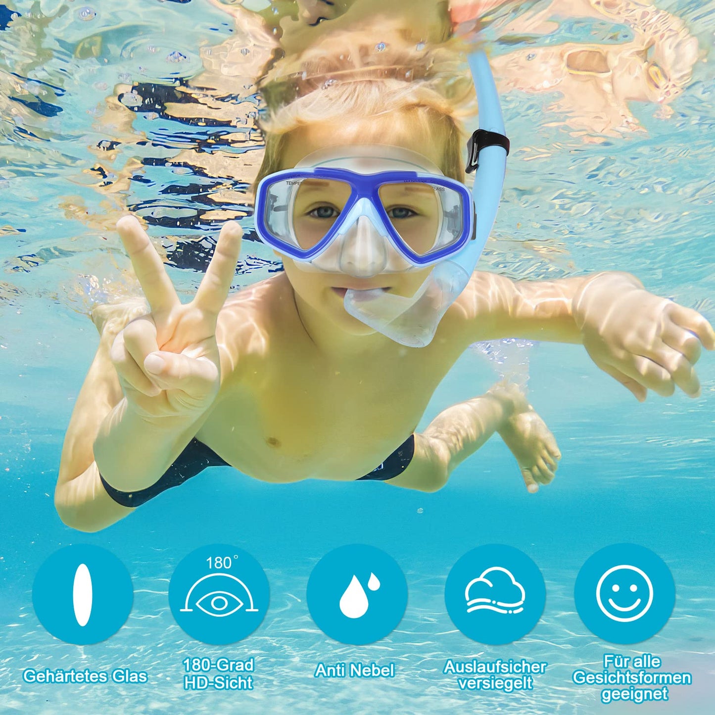 KUYOU Taucherbrille Kinder mit Schnorchel Schnorchelset Schwimmbrille Schnorchelmaske 7-13 Jahre, Dry Top System, Panorama-Weitblick