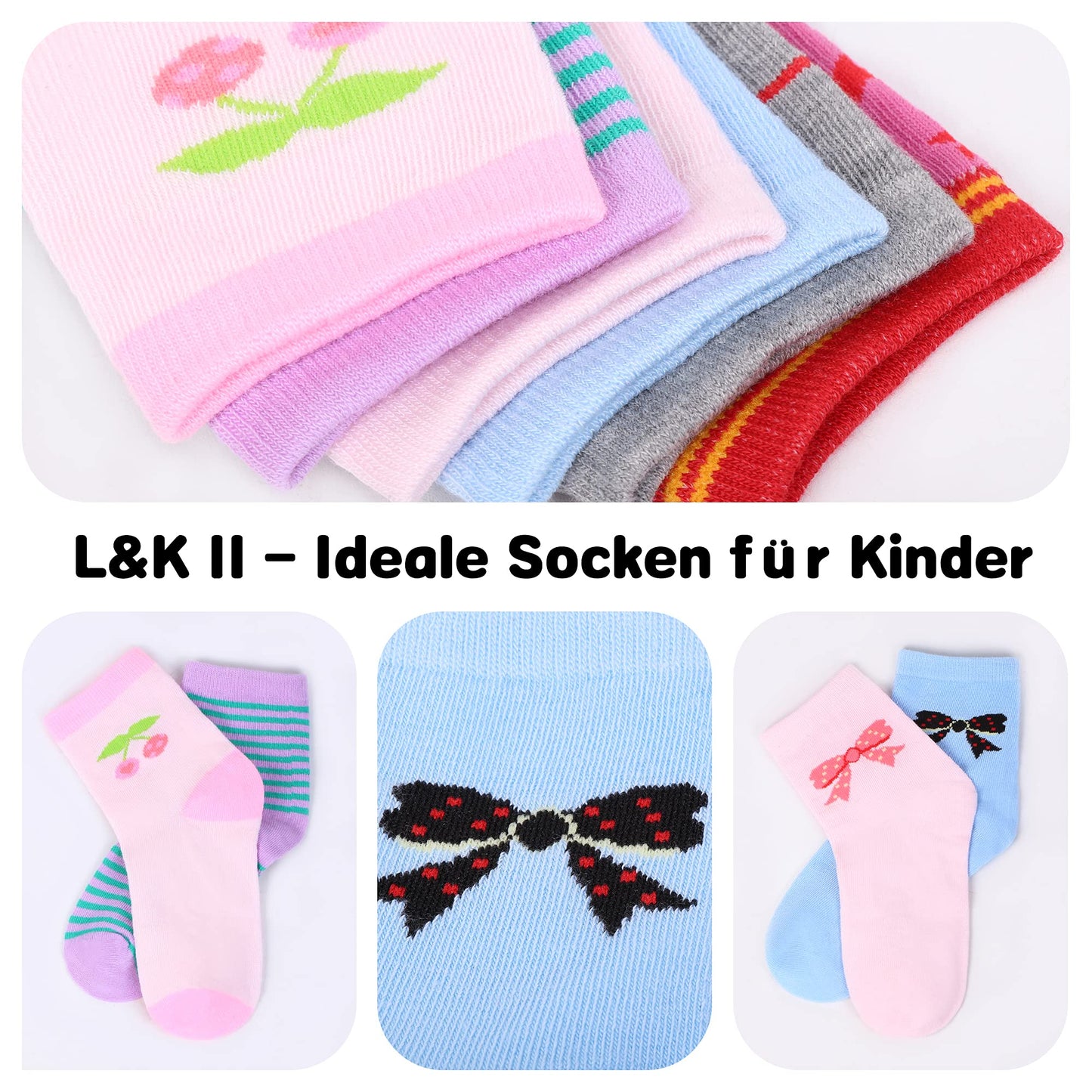 L&K-II 10/12 Paar Kinder Mädchen Socken aus Baumwolle Kleinkind niedliche Muster Kids Sneakersocken bunt 2808VA