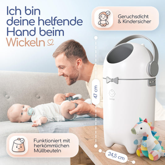 Levias® Windeleimer Baby Mülleimer Geruchsdicht | Windelmülleimer Geruchsdichter Wickeleimer ohne teure Nachfüllkassetten 10L Volumen