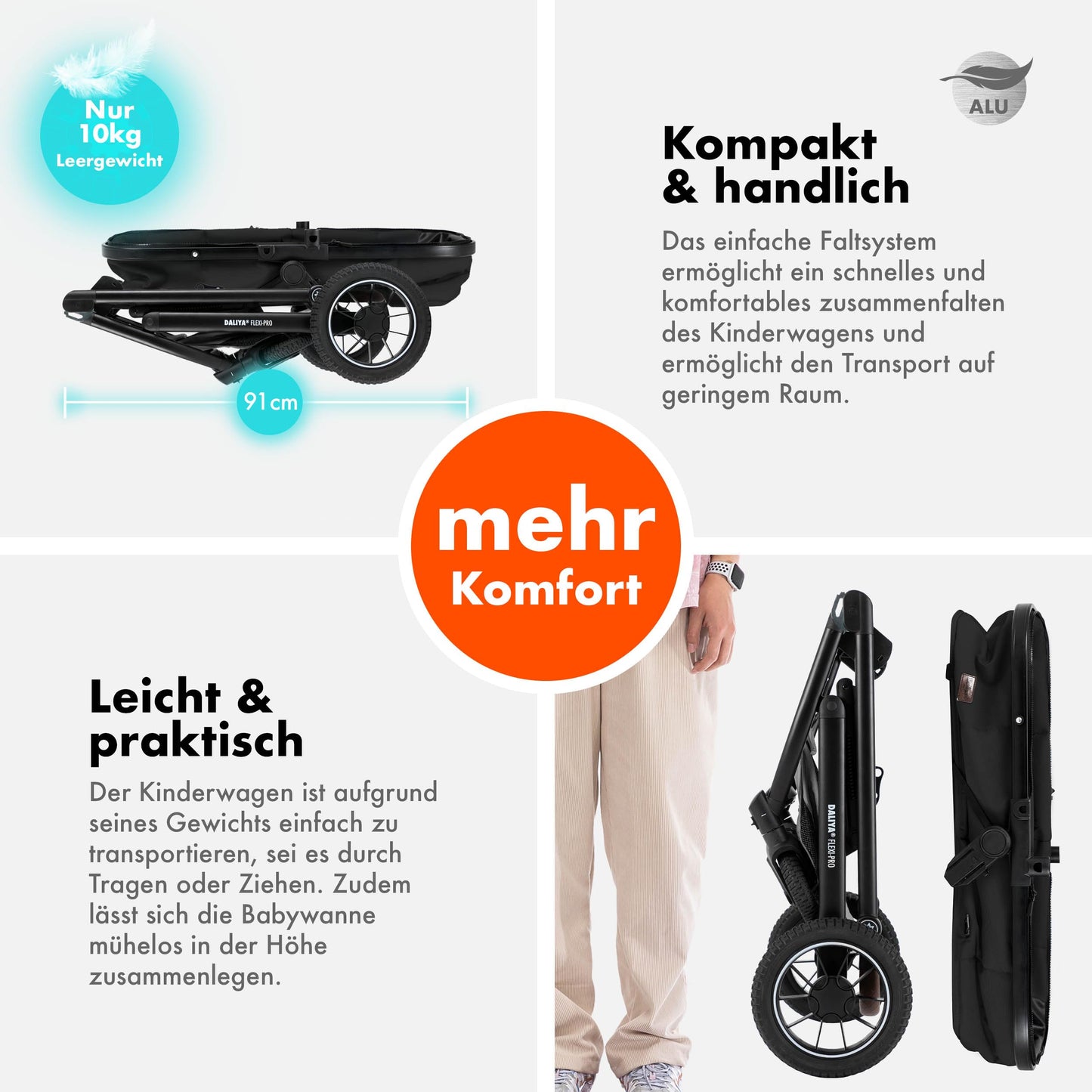 Daliya® FLEXI-PRO M 2in1 Kombikinderwagen & Buggy – XXL-Set, Reise-Kinderwagen mit Einhand-Abnahme, Wetterschutz, Sportsitz, Wickeltasche, Spieltisch, Regenschutz, dicke Matratze (Olivgrün)