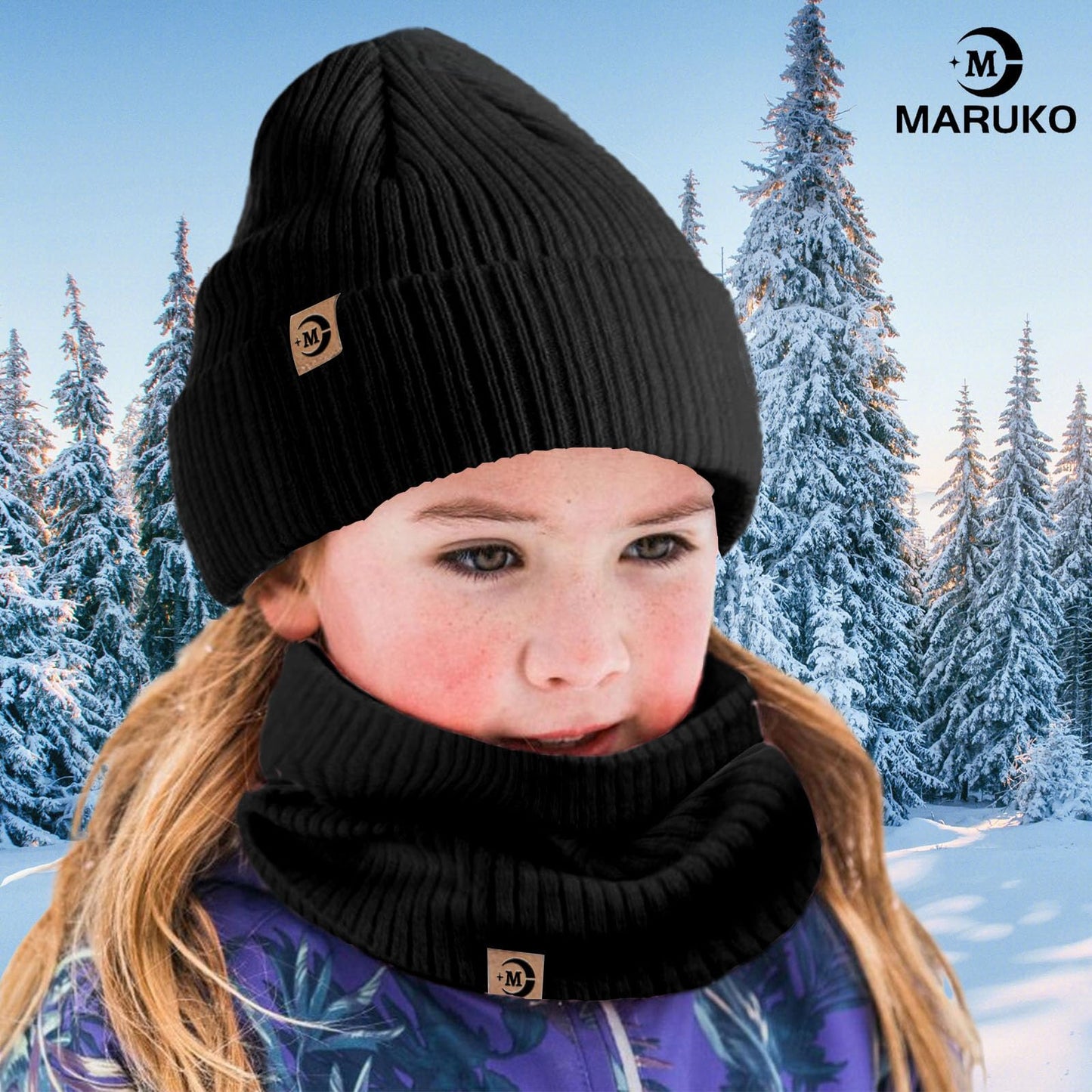 MARUKO Children's Winter Hat Scarf Gloves Set 3 in 1, Toddler Knitted Beanie Neck Warmer, Thick Fleece Thermal Knit Hat Scarf Gloves Set for Children Aged 2-8