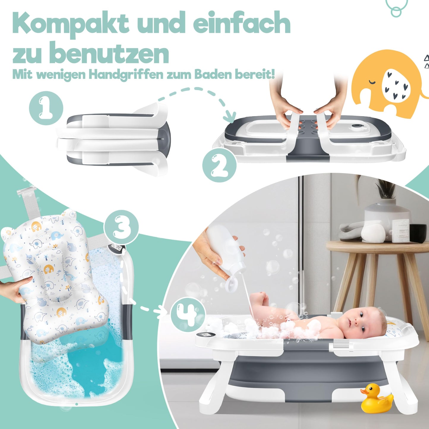 KIDIZ® Baby Bathtub, Baby Bathtub, Space-Saving & Foldable, Bath Tub, Shower Tray for Newborns, Toddlers, 0-24 Months, Portable Travel Shower for Babies, Ergonomic Bathtub with Thermostat and