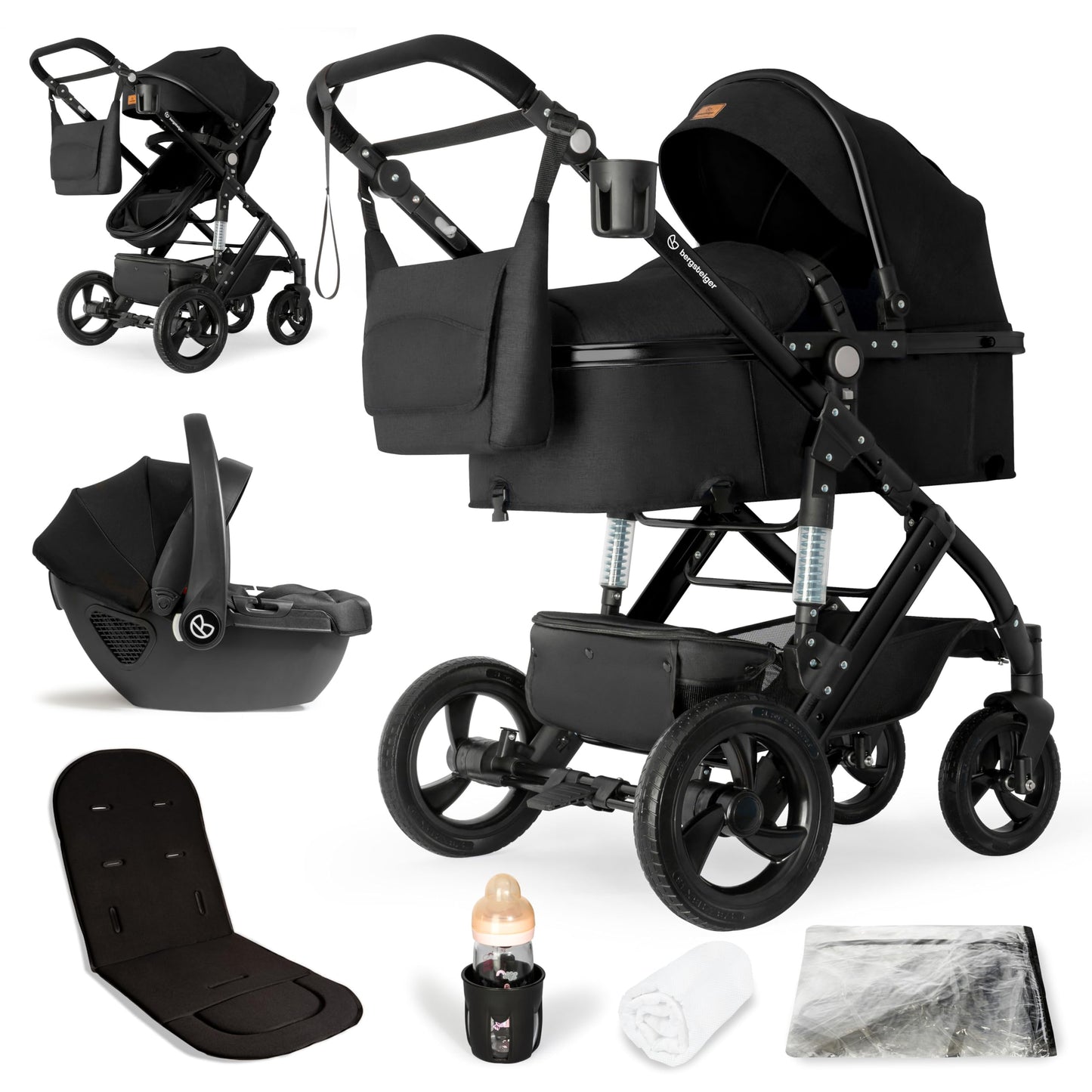 Bergsteiger Nizza 3 in 1 Kinderwagen, Kombikinderwagen Komplettset, Auto-Babyschale & Isofix Station, Babywanne & Buggy Sportsitz inklusive