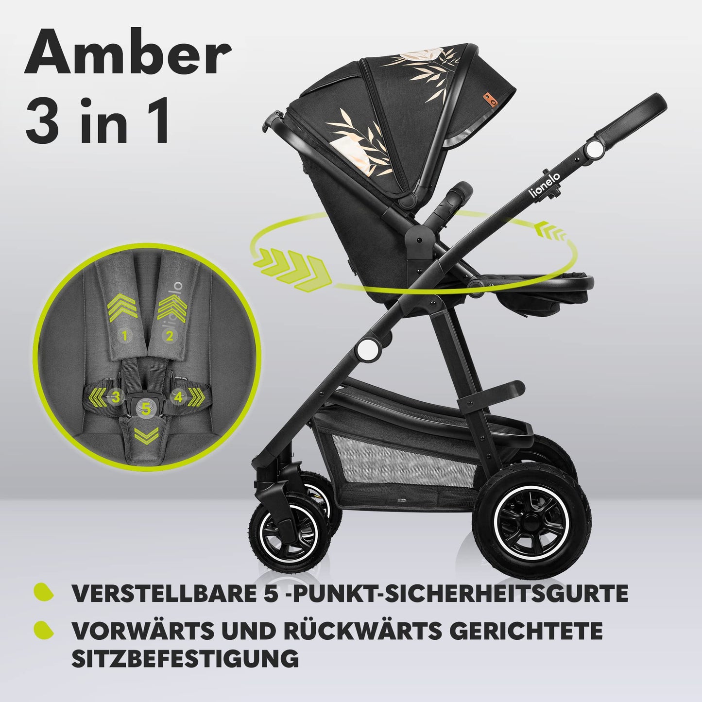 LIONELO MERIL 3-in-1 Multifunktionaler Kinderwagen 0-48 Monate Bis zu 22 kg, Babywanne bis zu 9 kg, Kindersitz bis zu 13 kg, Geländeräder 360°, Vollfederung, XXL-Verdeck mit UPF50+ - Meloni2