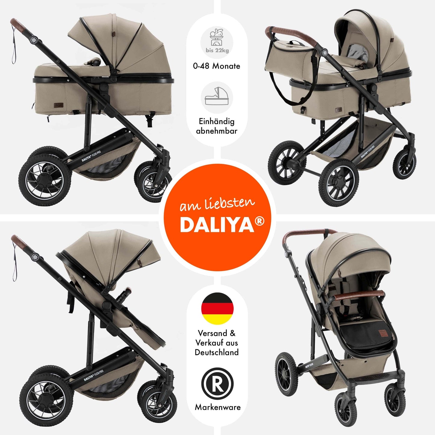 Daliya® FLEXI-PRO M 2in1 Kombikinderwagen & Buggy – XXL-Set, Reise-Kinderwagen mit Einhand-Abnahme, Wetterschutz, Sportsitz, Wickeltasche, Spieltisch, Regenschutz, dicke Matratze (Olivgrün)
