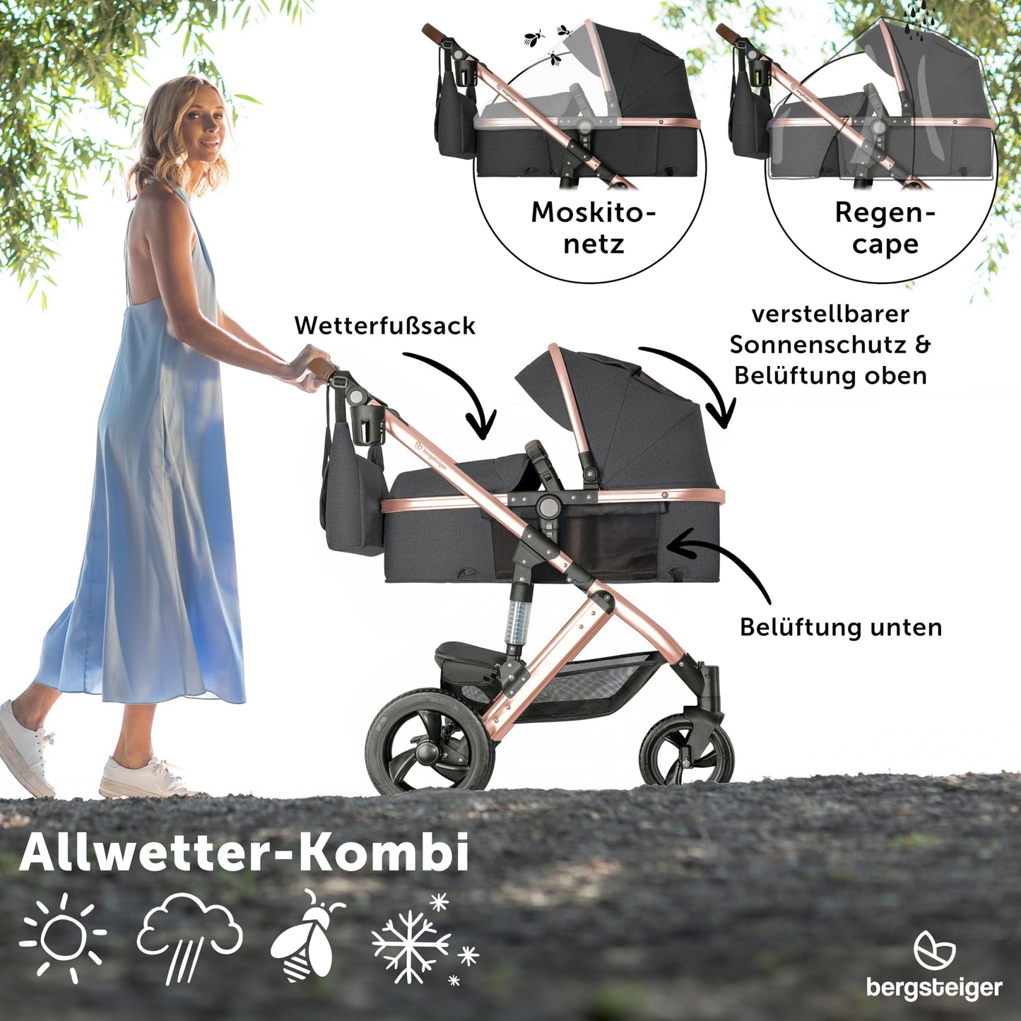 Bergsteiger Nizza 3 in 1 Kinderwagen, Kombikinderwagen Komplettset, Auto-Babyschale & Isofix Station, Babywanne & Buggy Sportsitz inklusive