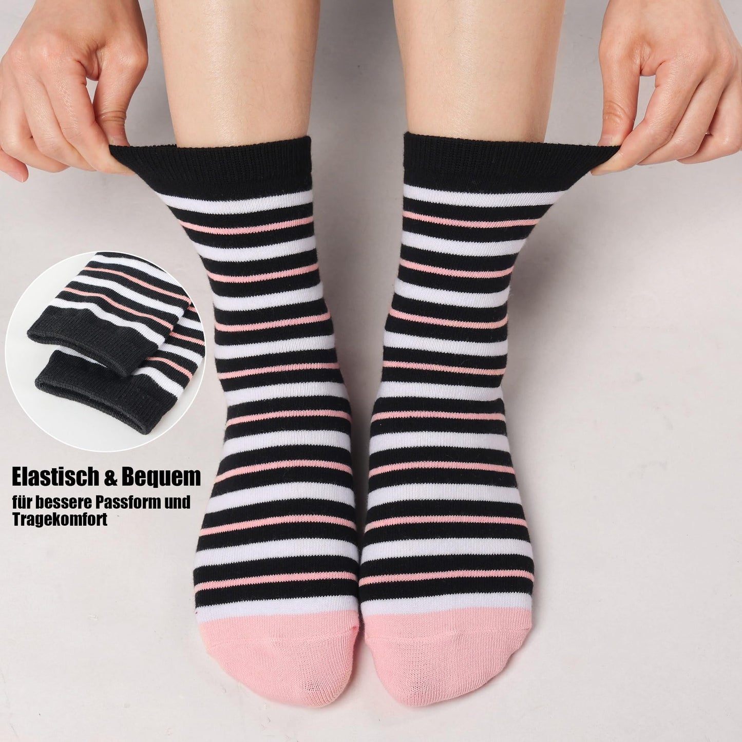 10 Paar Socken 35-38, Strümpfe Mädchen Baumwolle Lange Ringelsocken, Bunte Damensocken Baumwollsocken Mädchen mit Streifen Punkten