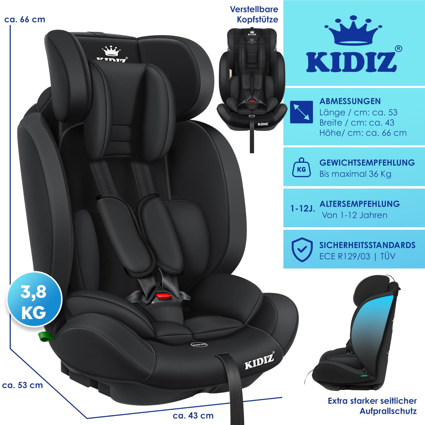 KIDIZ® Autokindersitz Kinderautositz Gruppe 1+2+3 9-36 kg 5-Punkt-Sicherheitsgurt, Autositz, Kindersitz, Einstellbare Kopfstütze, Mitwachsende Sitzerhöhung 1-12 Jahre, Stabil und Sicher - Meloni2