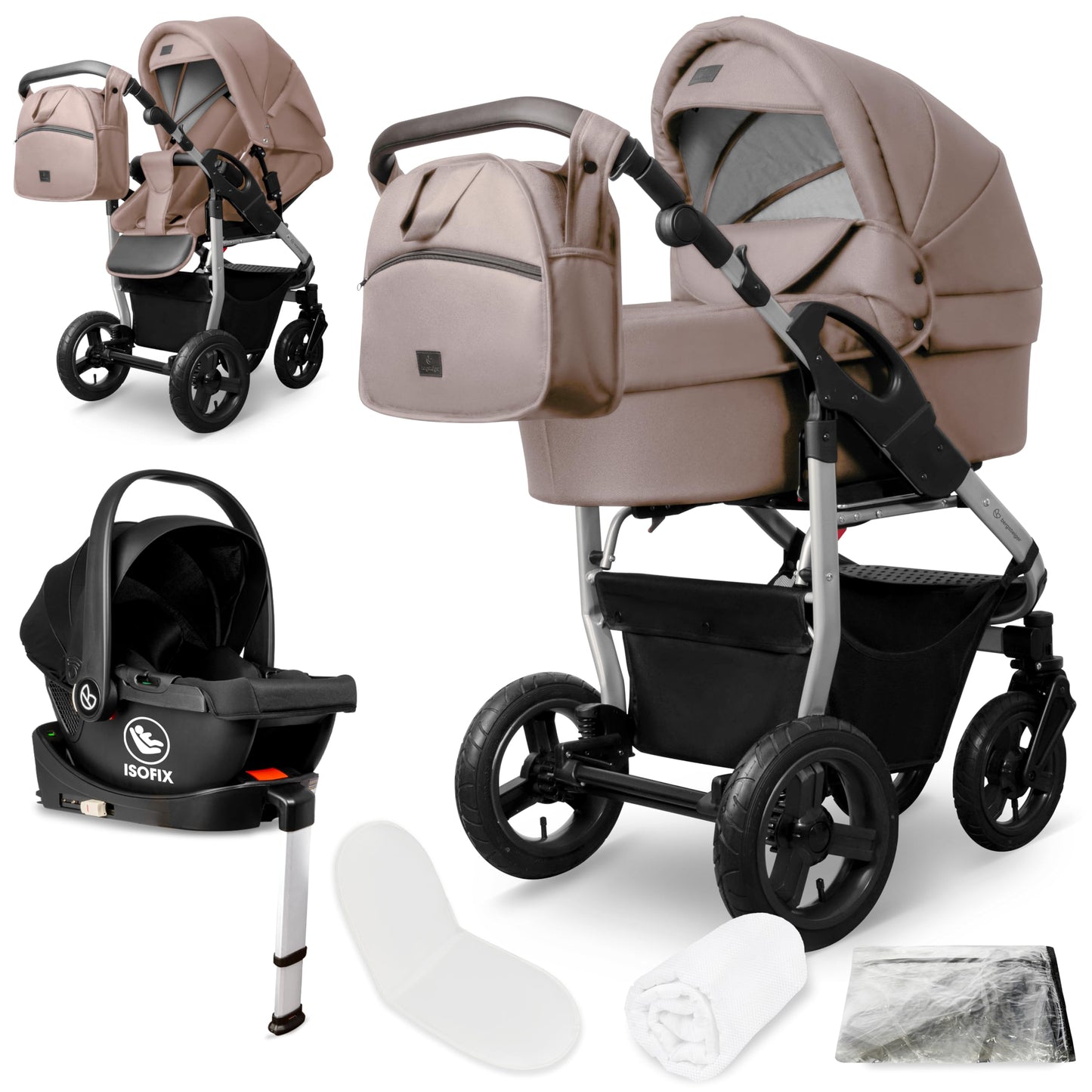 Bergsteiger Capri 3-in-1 Combination Pushchair - Baby Carrier, Sports Seat & i-Size Baby Seat, Pneumatic Tyres, Suspension, Height-Adjustable Handle, Foldable, Accessories