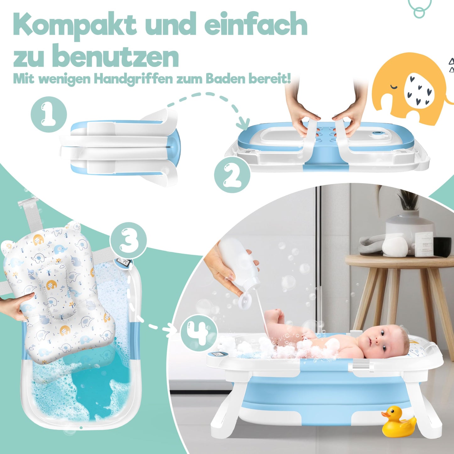 KIDIZ® Baby Bathtub, Baby Bathtub, Space-Saving & Foldable, Bath Tub, Shower Tray for Newborns, Toddlers, 0-24 Months, Portable Travel Shower for Babies, Ergonomic Bathtub with Thermostat and