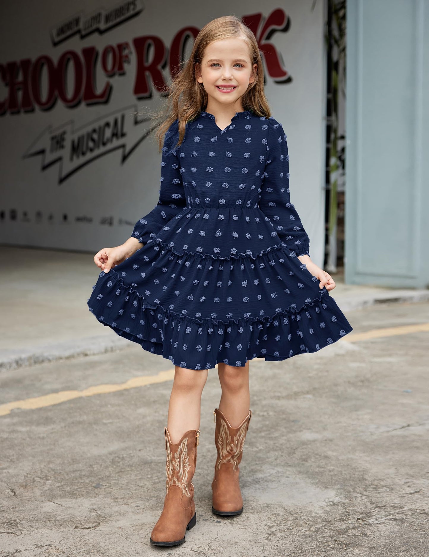 Arshiner Dress Girls Festive Flounce V-Neck Long Sleeve Dress Swiss Dot Chiffon Dress Children Tiered Dress A-Line Party Dress Wedding Princess Dress Swing Skater Dress 5-12 Years