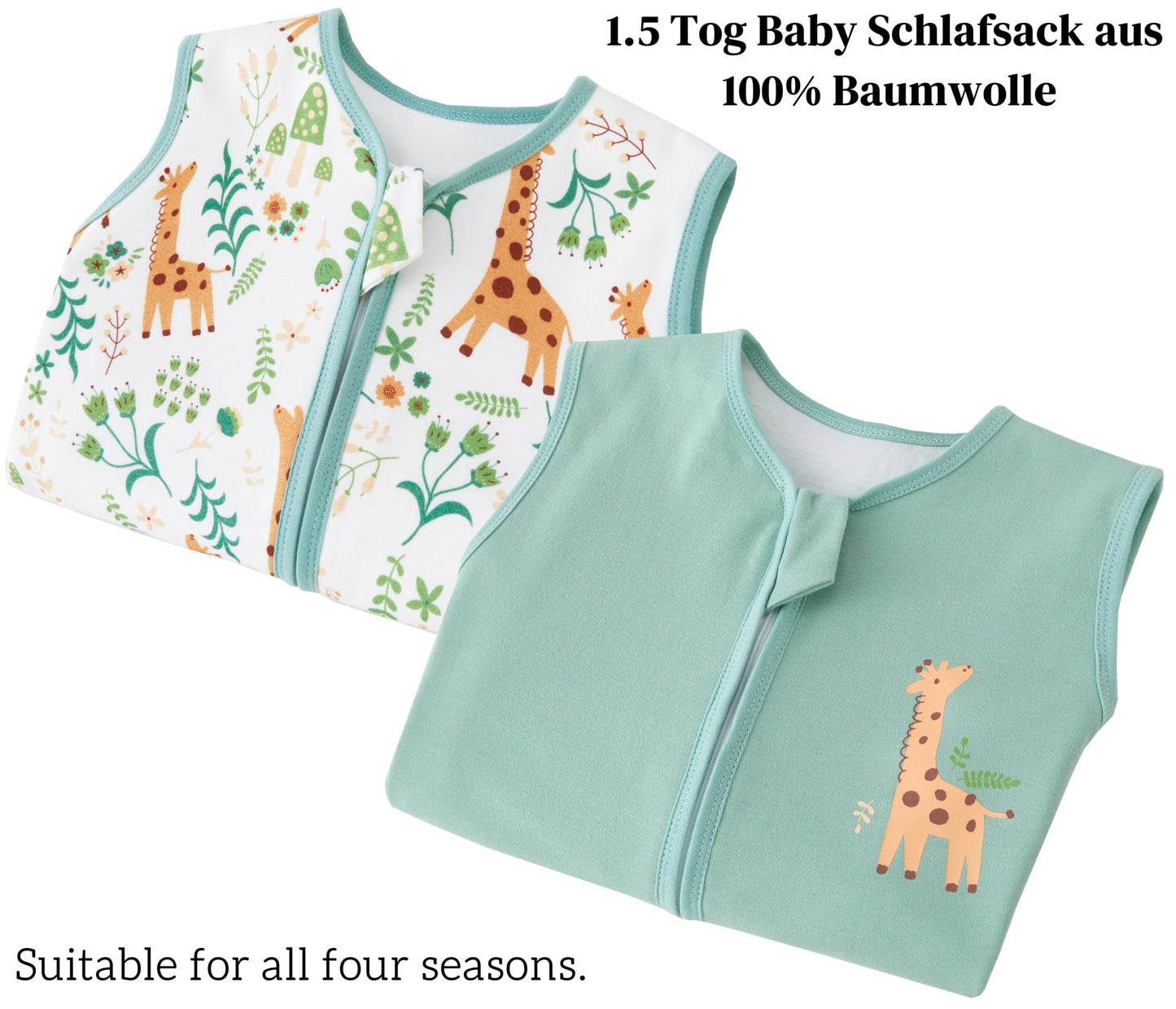 Chilsuessy Children's Sleeping Bag 1.5 Tog Pack of 2 Baby Sleeping Bag Made of 100% Cotton, Baby All-Year Sleeping Bag Pyjamas for Boys and Girls, 1.5 Tog/Elephant Lion + Green, 110 cm / Baby Height