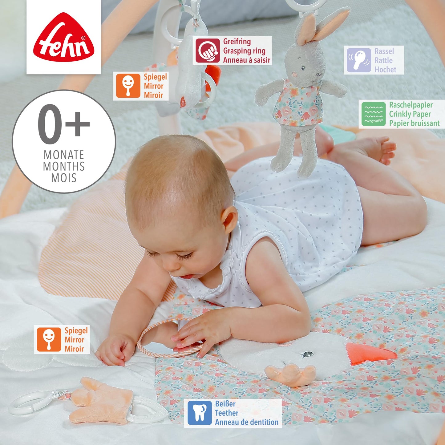 Fehn 3-D-Activity-Decke Spielbogen Peru – Baby Krabbeldecke mit 5 abnehmbaren Spielzeugen zum Greifen – Spieldecke für Babys und Kinder ab 0+ Monaten – Krabbelmatte als Geschenk zur Geburt