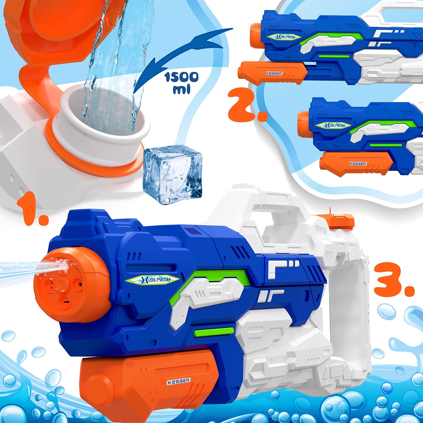 KESSER® Wasserpistole 2er Set Wasserpistolen Spritzpistolen Reichweite 10-11 Meter, Fassungsvermögen 1500ml Wasserspaß Strand Spielzeug im Freien für Kinder und Erwachsene Strandpool, Blau/Weiß