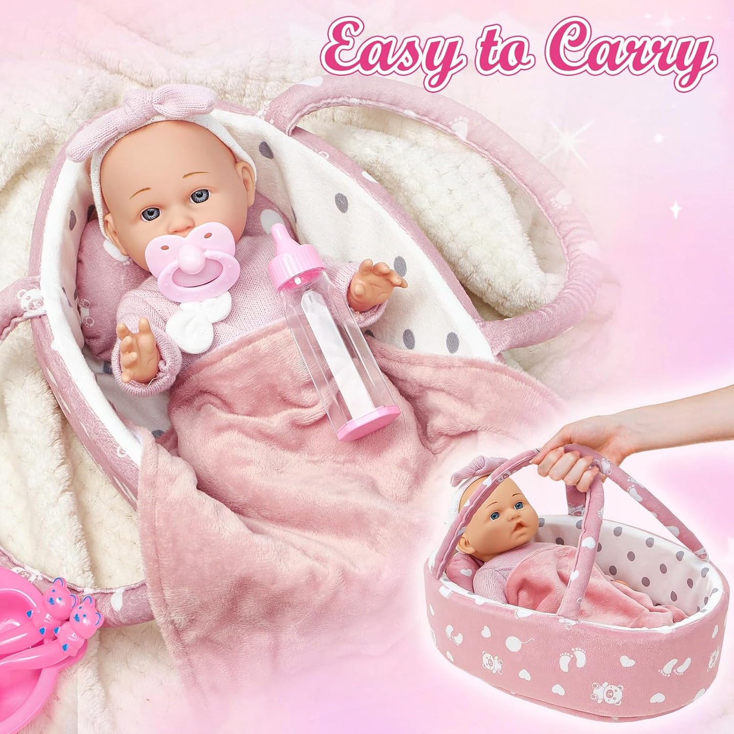 vamei Puppenzubehör Puppen Zubehör mit Puppenbett Puppenwindeln für 36cm Puppen, Tragbares , Geschenk für Mädchen Junge ab 3 Jahren, Rollenspiel Spielzeug