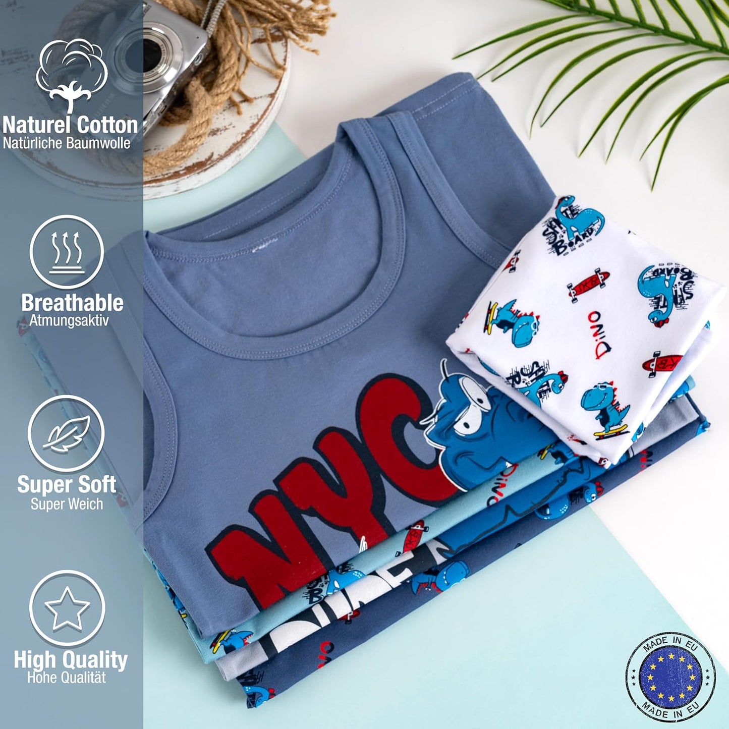 LOREZA ® 5 Pack Jungen Unterhemden aus Baumwolle Tank Top Unterwäsche Knaben
