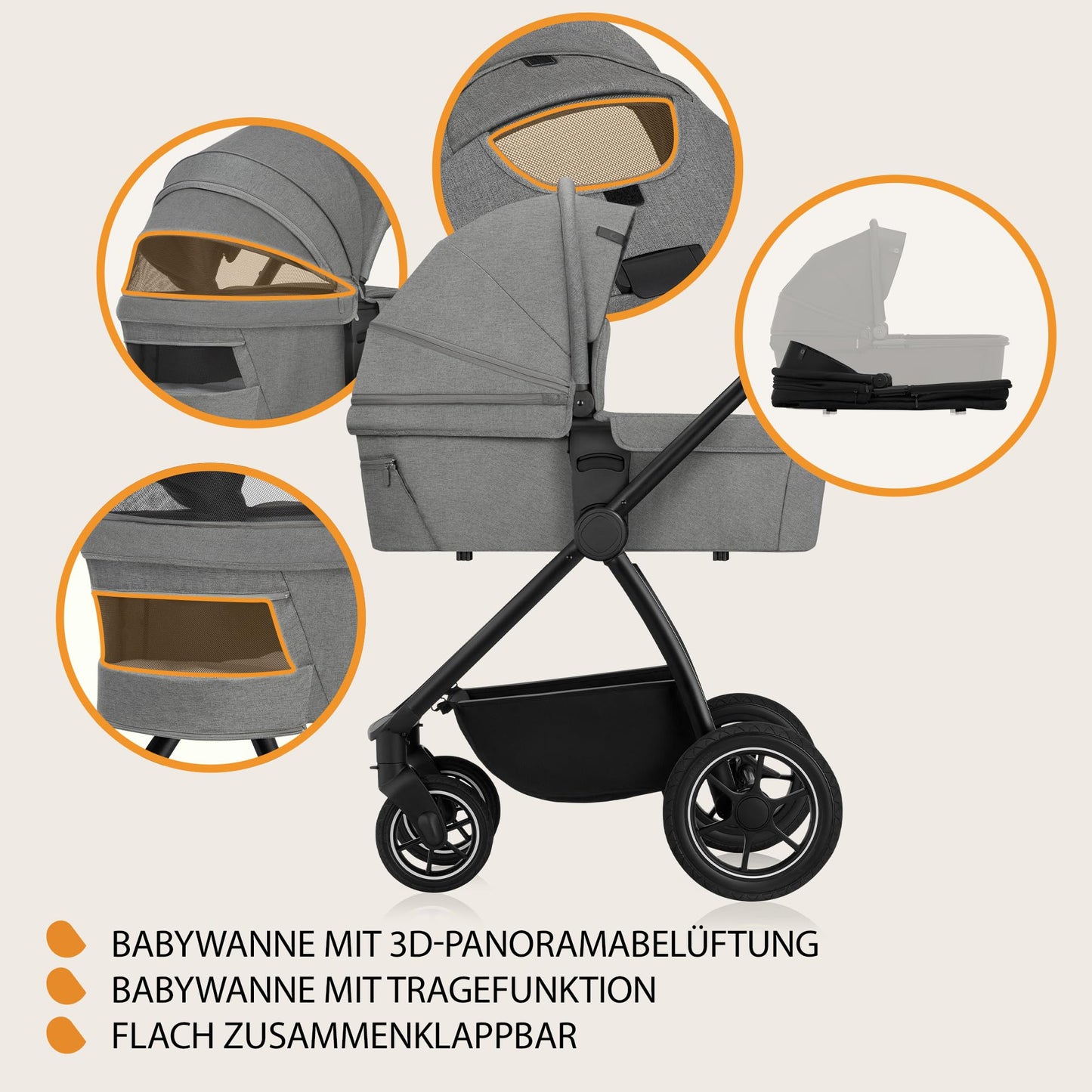 LIONELO MERIL 3-in-1 Multifunktionaler Kinderwagen 0-48 Monate Bis zu 22 kg, Babywanne bis zu 9 kg, Kindersitz bis zu 13 kg, Geländeräder 360°, Vollfederung, XXL-Verdeck mit UPF50+ - Meloni2