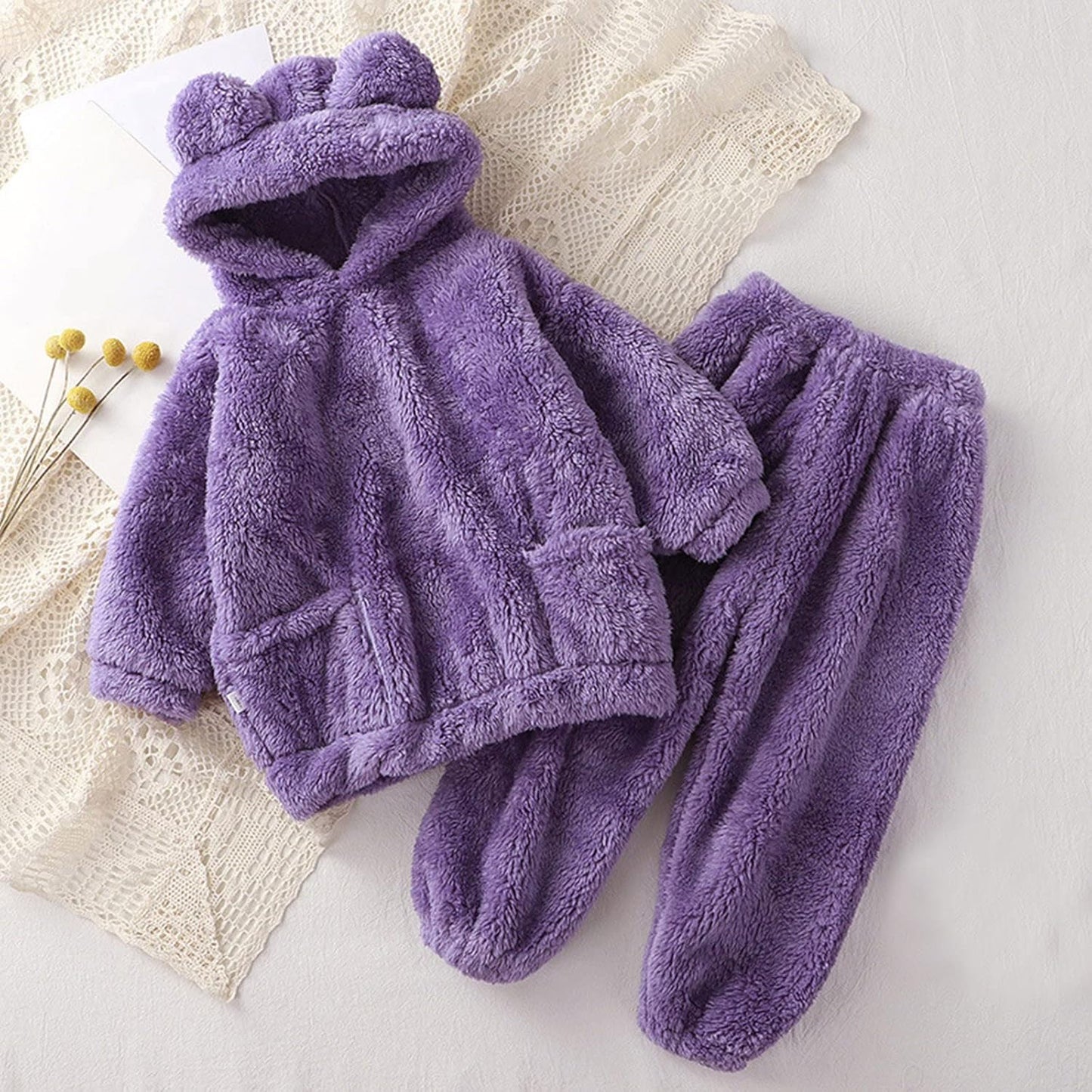 Fccrian Kleinkind Kinder Baby Mädchen Jungen Kleidung Winter Warm Kapuze Ohr Sweatshirt Tops und Hosen 2-teiliges Herbst-Outfits Pyjama Nachtwäsche Set Baby Pyjama einfarbig