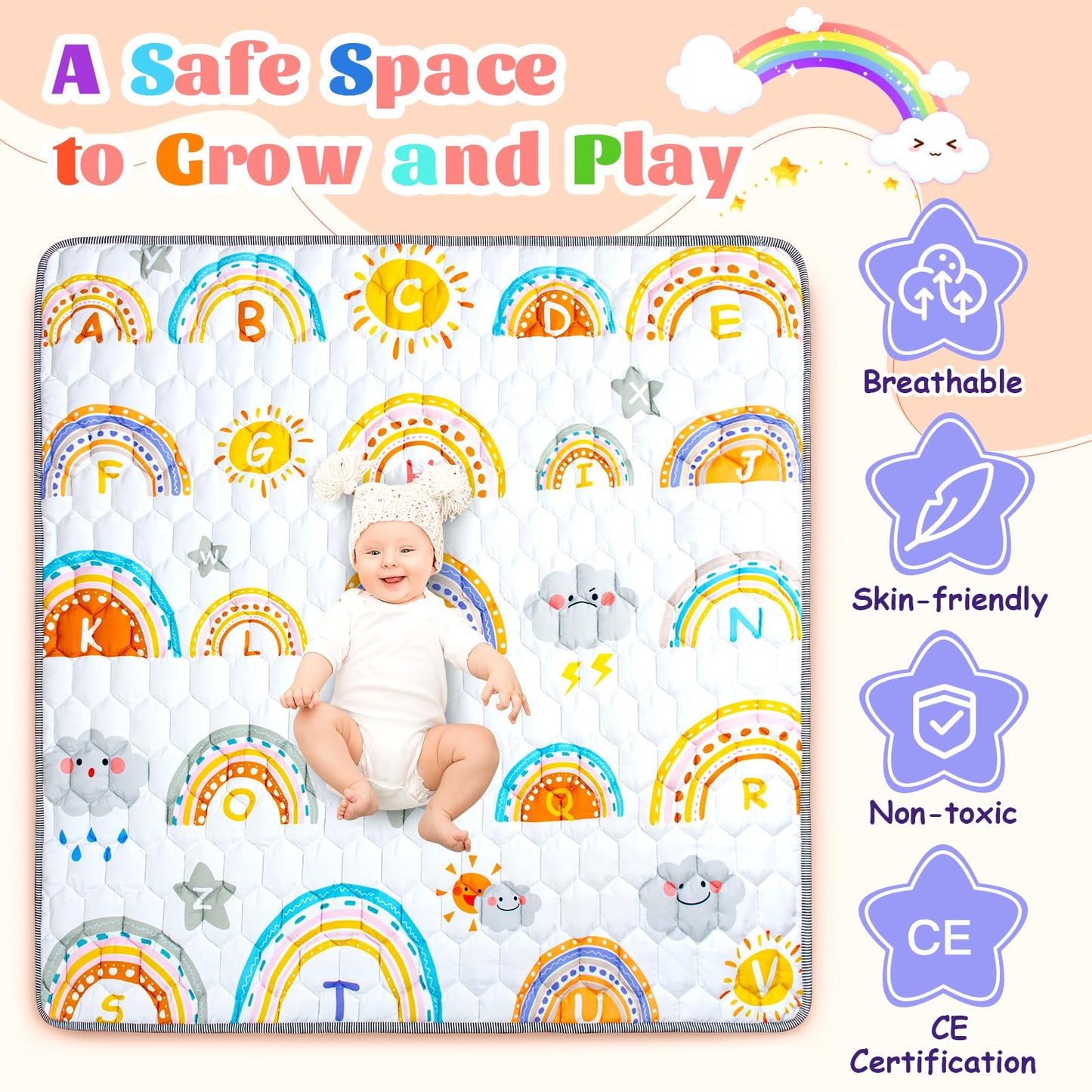 Funsland Krabbelteppich für Baby, Rutschfeste Baby Spielmatte Schadstofffrei 127x127cm, Baumwolle Tier Krabbelmatte Baby Faltbar mit Einem Höhenlineal, Kinder Spielmatte für Innen/Außen/Zaun
