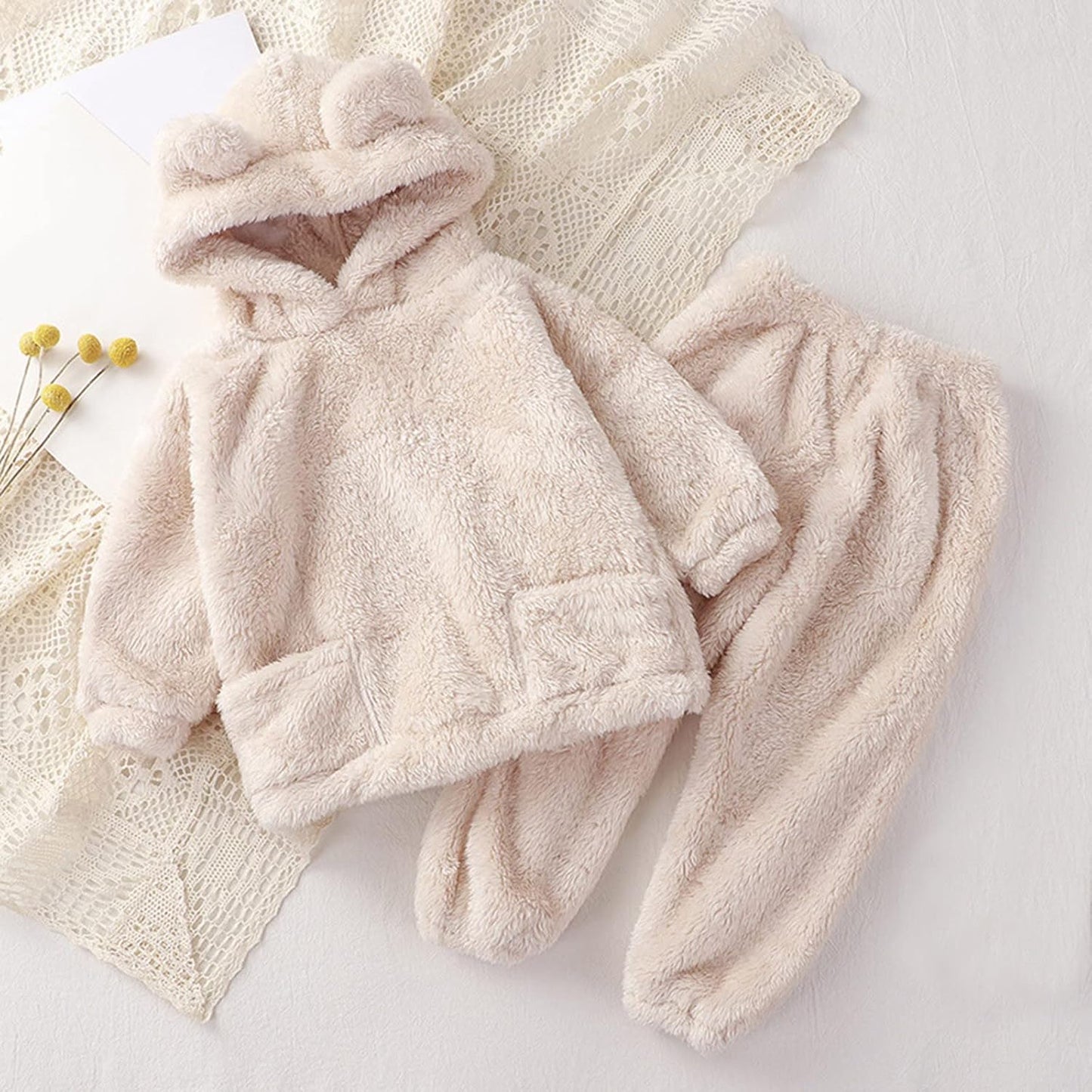 Fccrian Kleinkind Kinder Baby Mädchen Jungen Kleidung Winter Warm Kapuze Ohr Sweatshirt Tops und Hosen 2-teiliges Herbst-Outfits Pyjama Nachtwäsche Set Baby Pyjama einfarbig