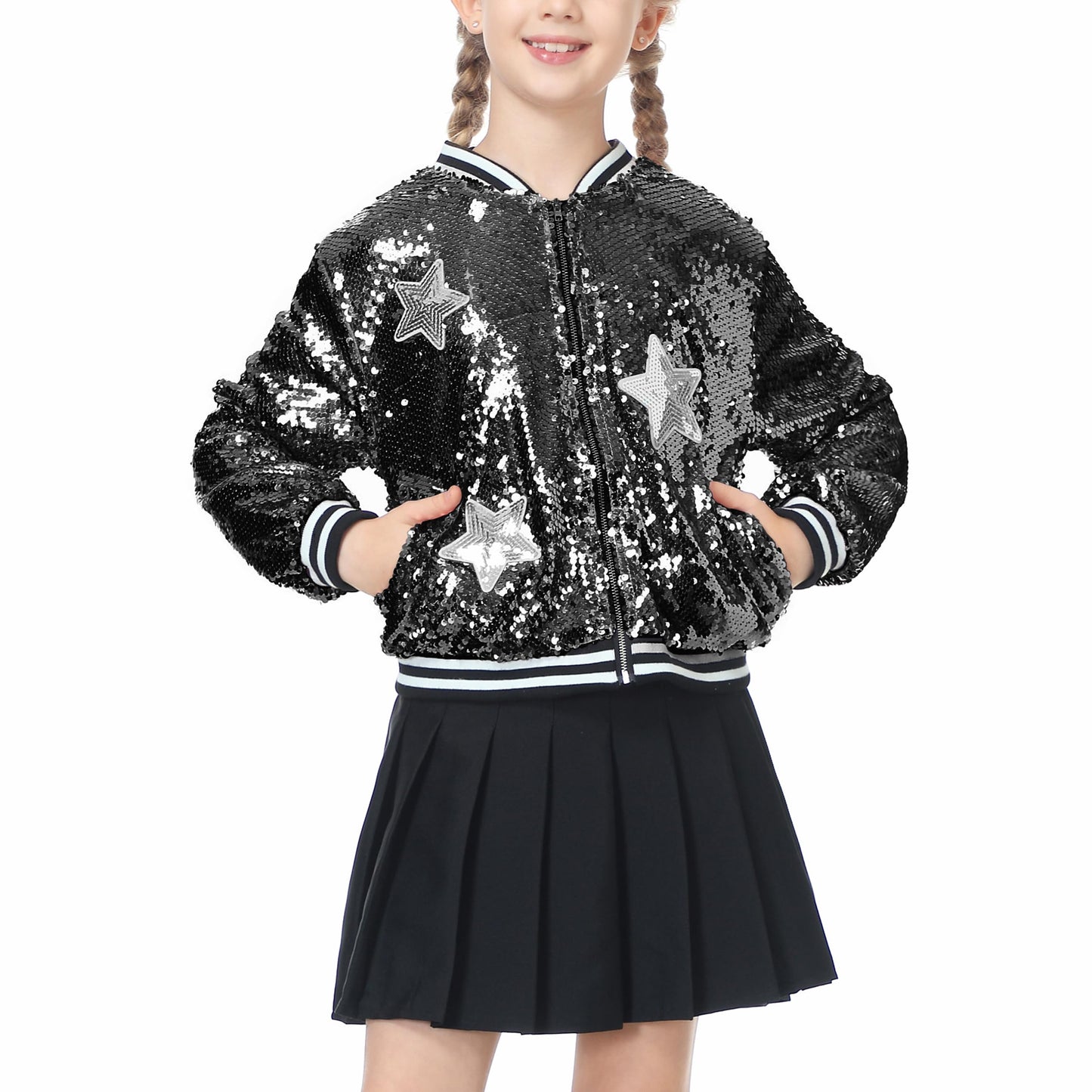 LOLANTA Girls Sequin Bomber Jacket with Pockets Zipper Long Sleeve Glitter Baseball Jackets for Kids 4-13 Years
