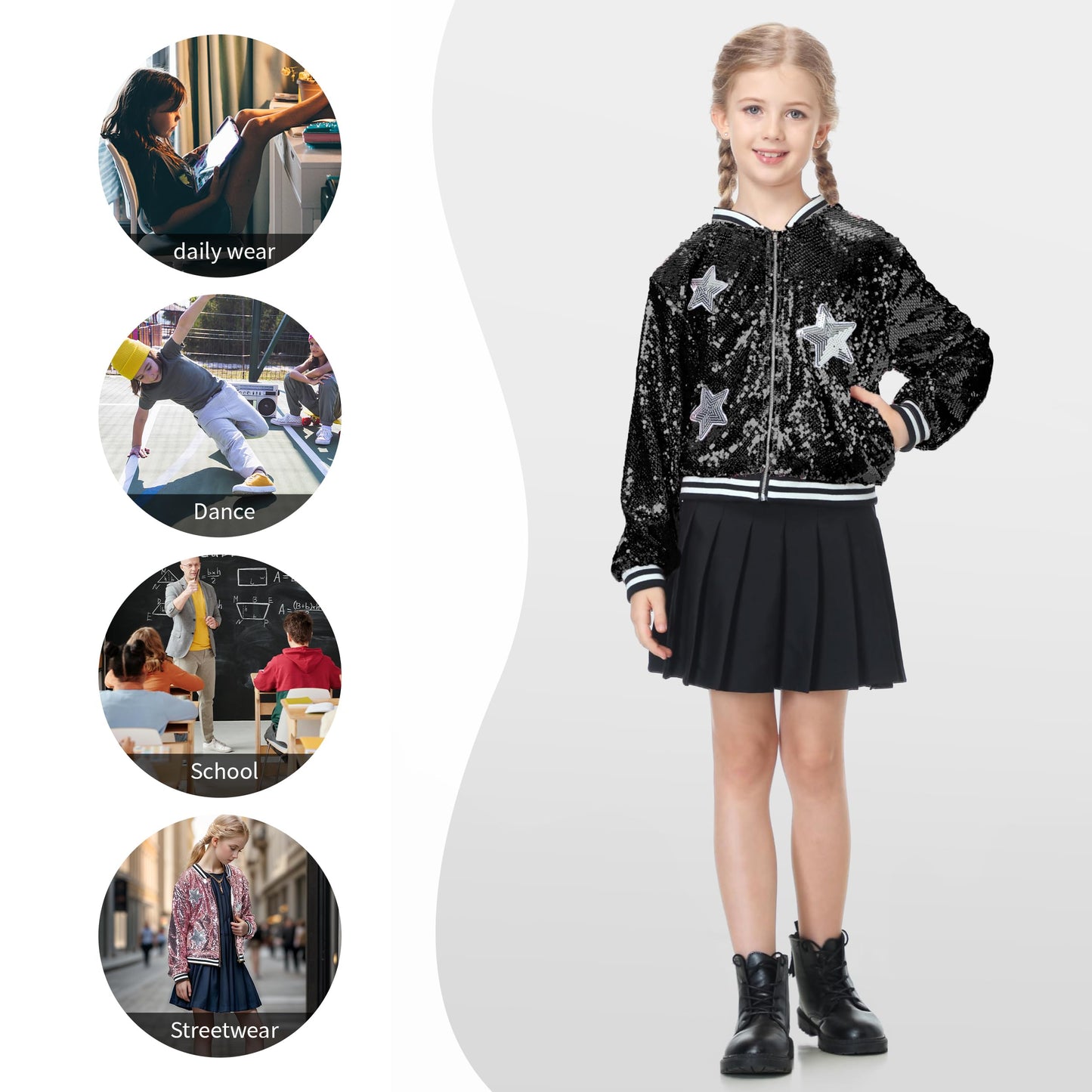 LOLANTA Girls Sequin Bomber Jacket with Pockets Zipper Long Sleeve Glitter Baseball Jackets for Kids 4-13 Years