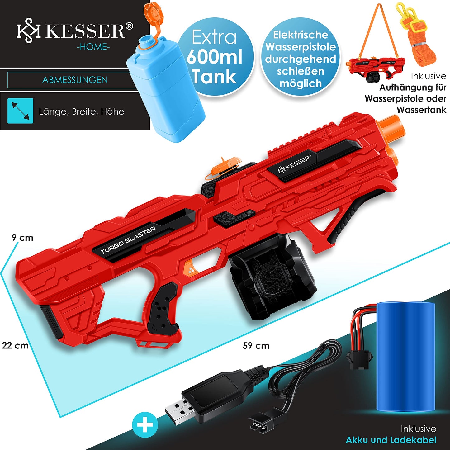 KESSER® Wasserpistole Elektrisch mit Akku Spritzpistolen 1000 ml große Wasserspritzpistole für Kinder und Erwachsene, 8m Reichweite, Wasserspielzeug inkl. Akku, Ladekabel & Extra-Tank Rot/Schwarz