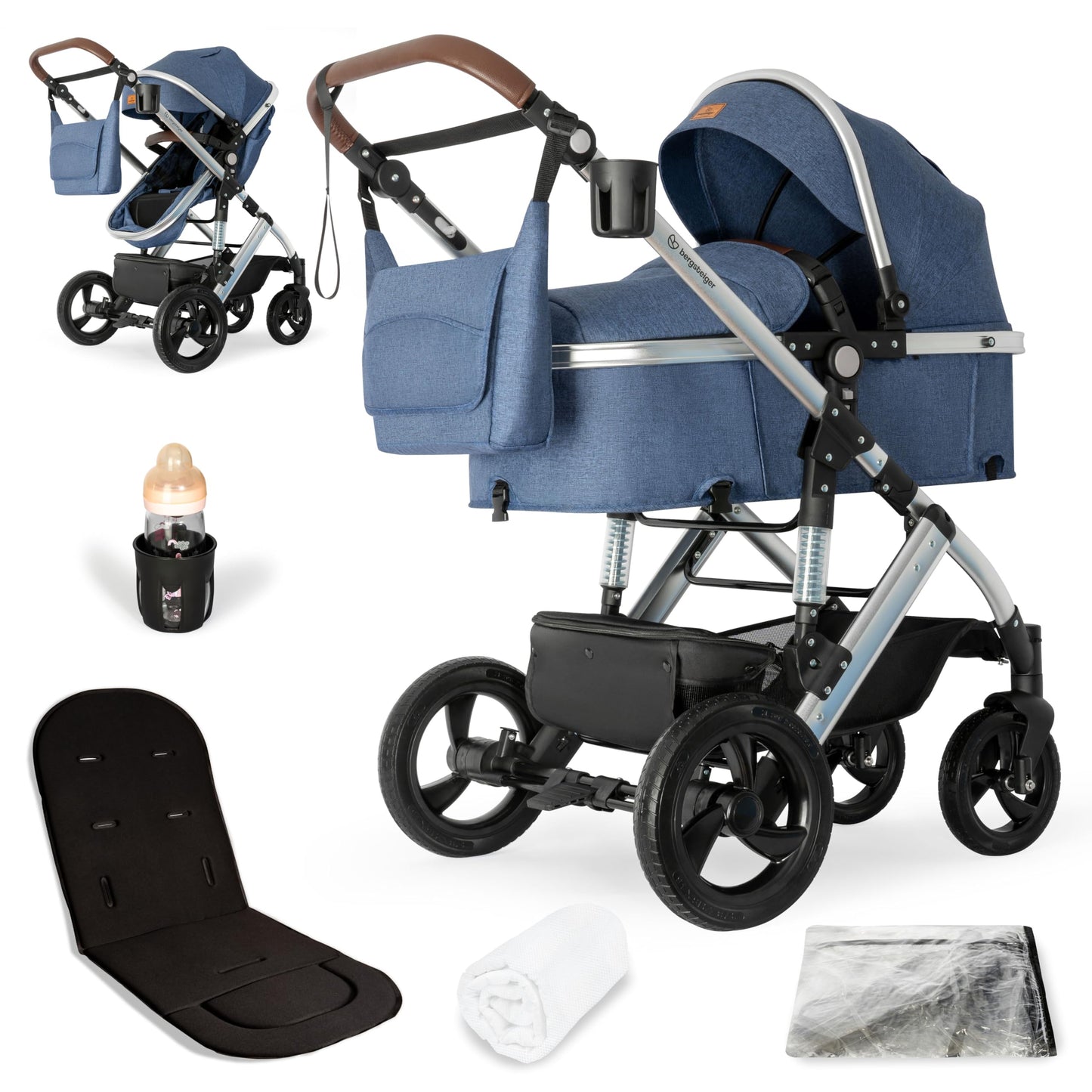 Bergsteiger Nizza 3 in 1 Kinderwagen, Kombikinderwagen Komplettset, Auto-Babyschale & Isofix Station, Babywanne & Buggy Sportsitz inklusive