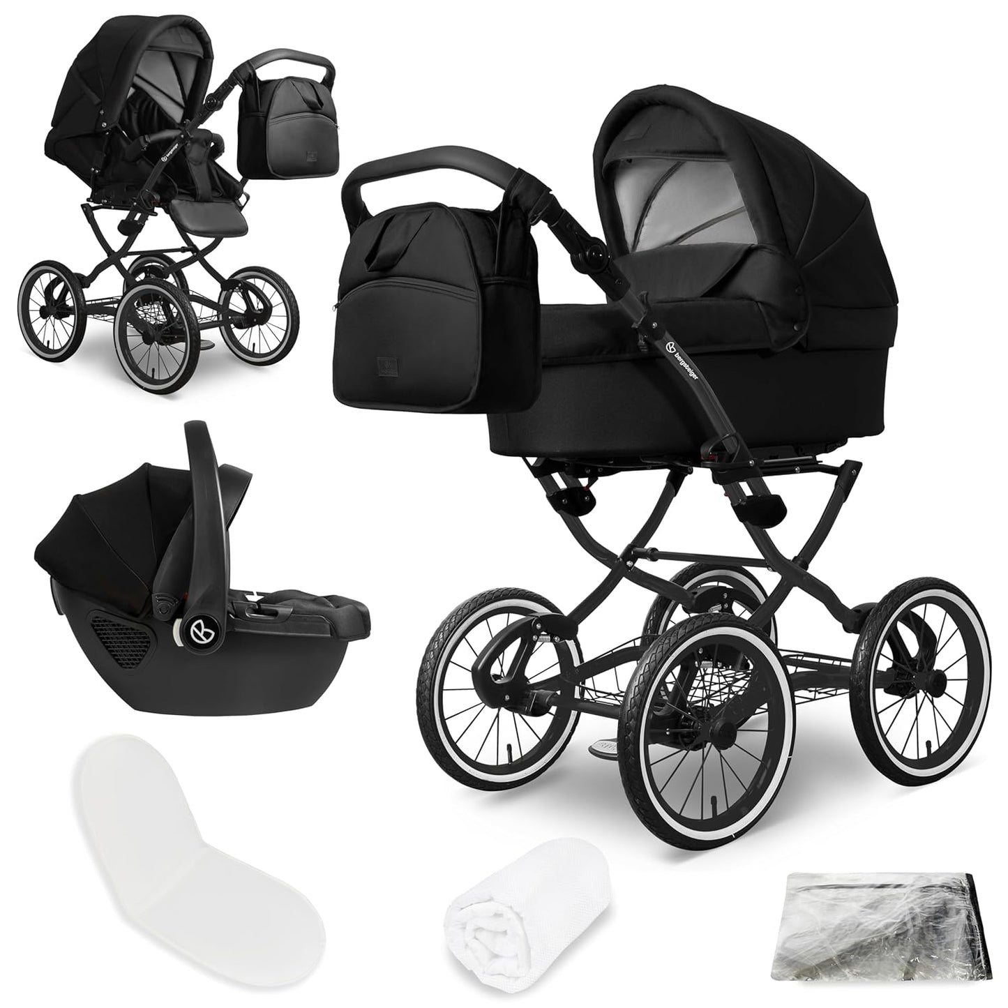 Bergsteiger Venice Nostalgia 3-in-1 Combination Pushchair - Baby Carrier, Sports Seat & i-Size Baby Seat, Pneumatic Tyres, Suspension, Height-Adjustable Handle, Foldable, Accessories