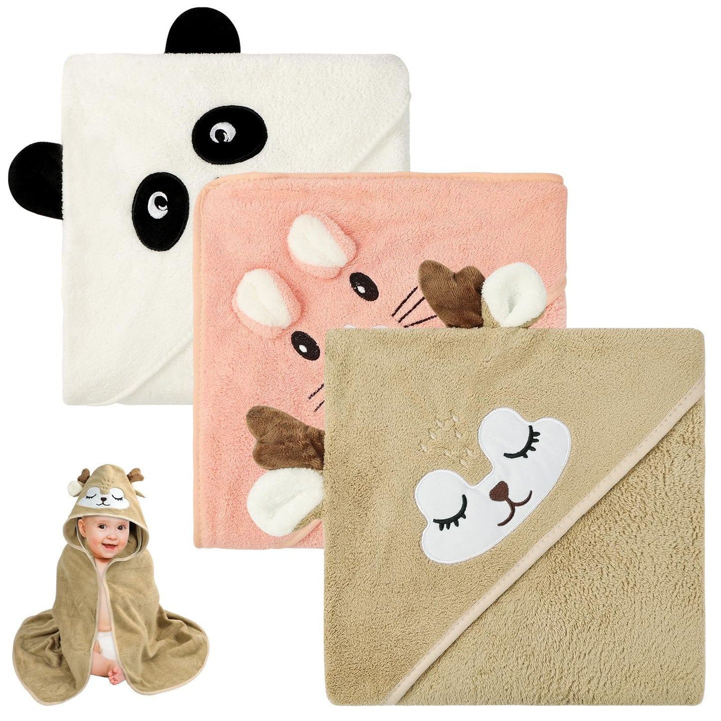 Aolso Hooded Towel Baby, 80 x 80 cm Baby Towel Hood, Baby Wash Cloth, Coral Fleece Baby Towel with Hood for Newborns, Soft and Super Absorbent, Unisex (Grey Elephant)