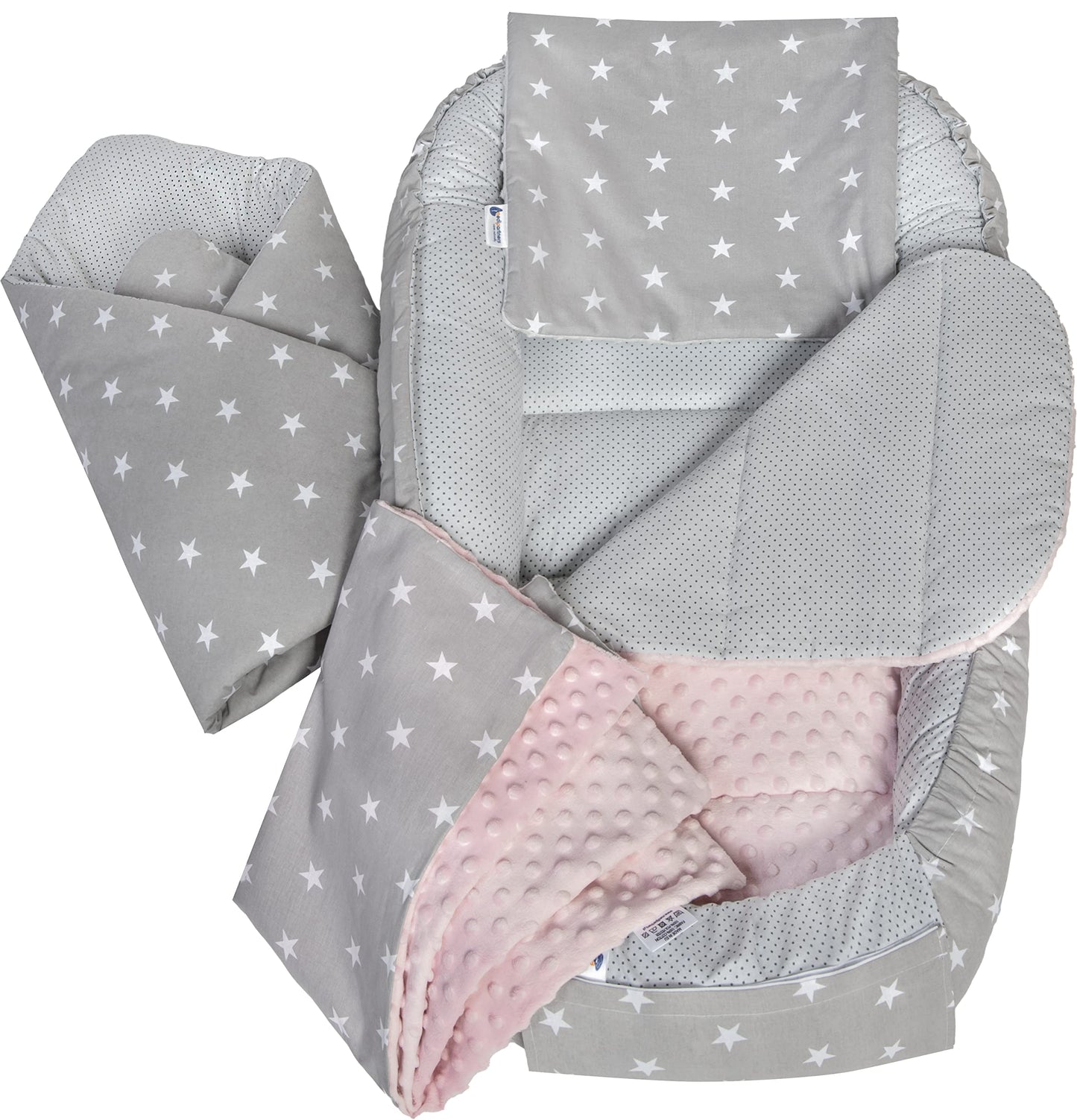 Medi Partners Babynestchen Babynest Set 100x60x15 Kuschelnest 5 teilig herausnehmbarer Einsatz Kokon Nestchen Babys Neugeborene 100% Baumwolle (REH mit Grauem Minky) - Meloni2