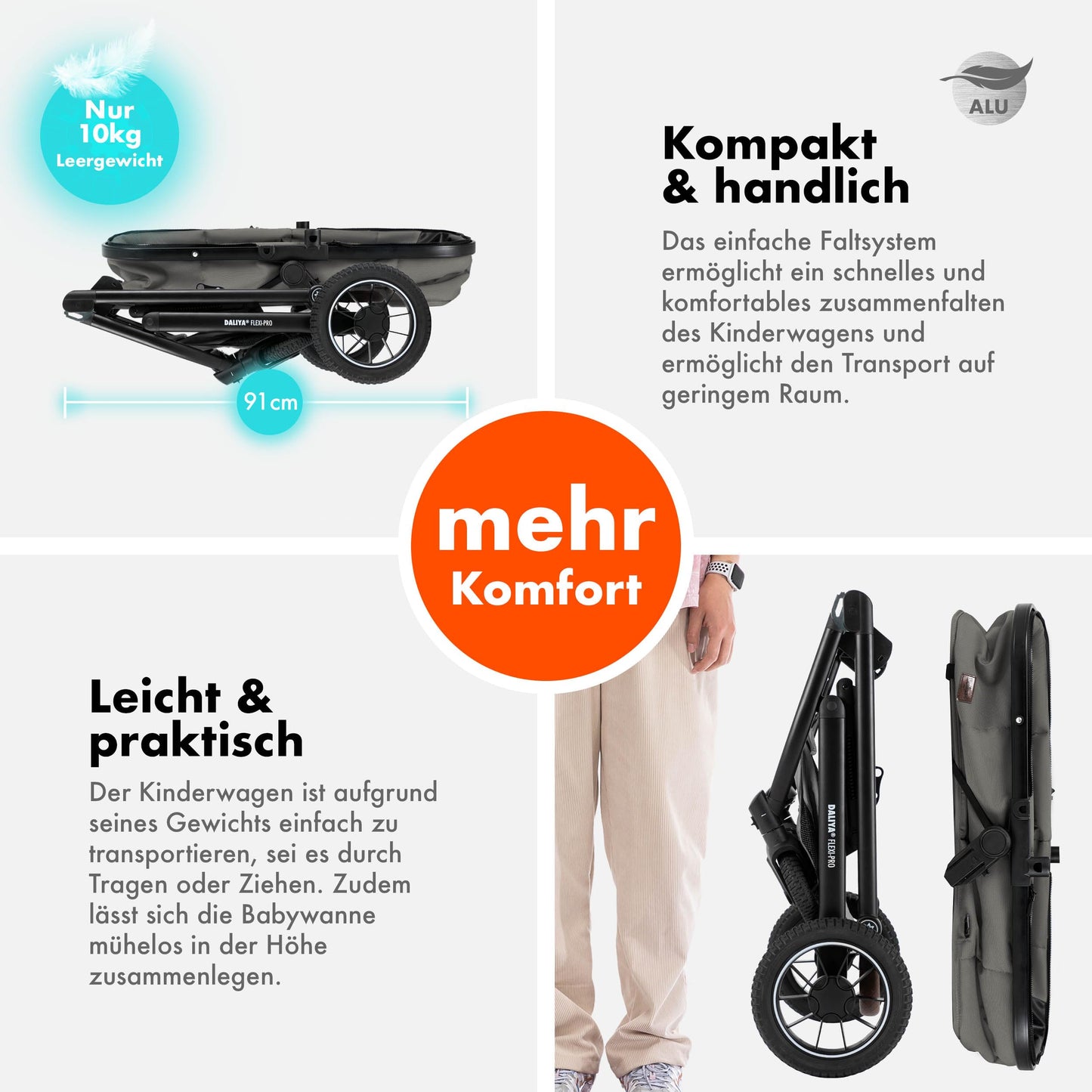 Daliya® FLEXI-PRO M 2in1 Kombikinderwagen & Buggy – XXL-Set, Reise-Kinderwagen mit Einhand-Abnahme, Wetterschutz, Sportsitz, Wickeltasche, Spieltisch, Regenschutz, dicke Matratze (Olivgrün)