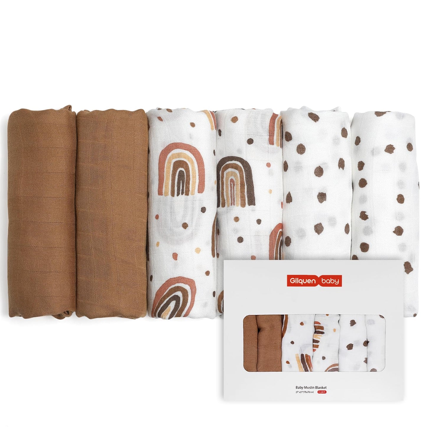 GLLQUEN Musselintücher für Babys, 6 Stück Spucktücher aus Baumwolle 70 cm x 70 cm, saugfähig und atmungsaktiv und ideal zum Reinigen, Abwischen und Abdecken von Neugeborenen