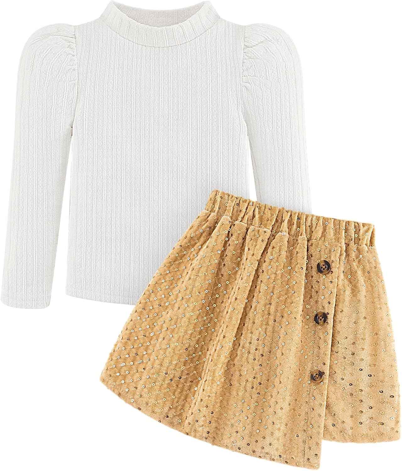 Bkixhv Baby Girls Clothes, Toddler Girls Skirt Set, Autumn Outfits, Long Puff Sleeves, Tops and Sequin Mini Skirt