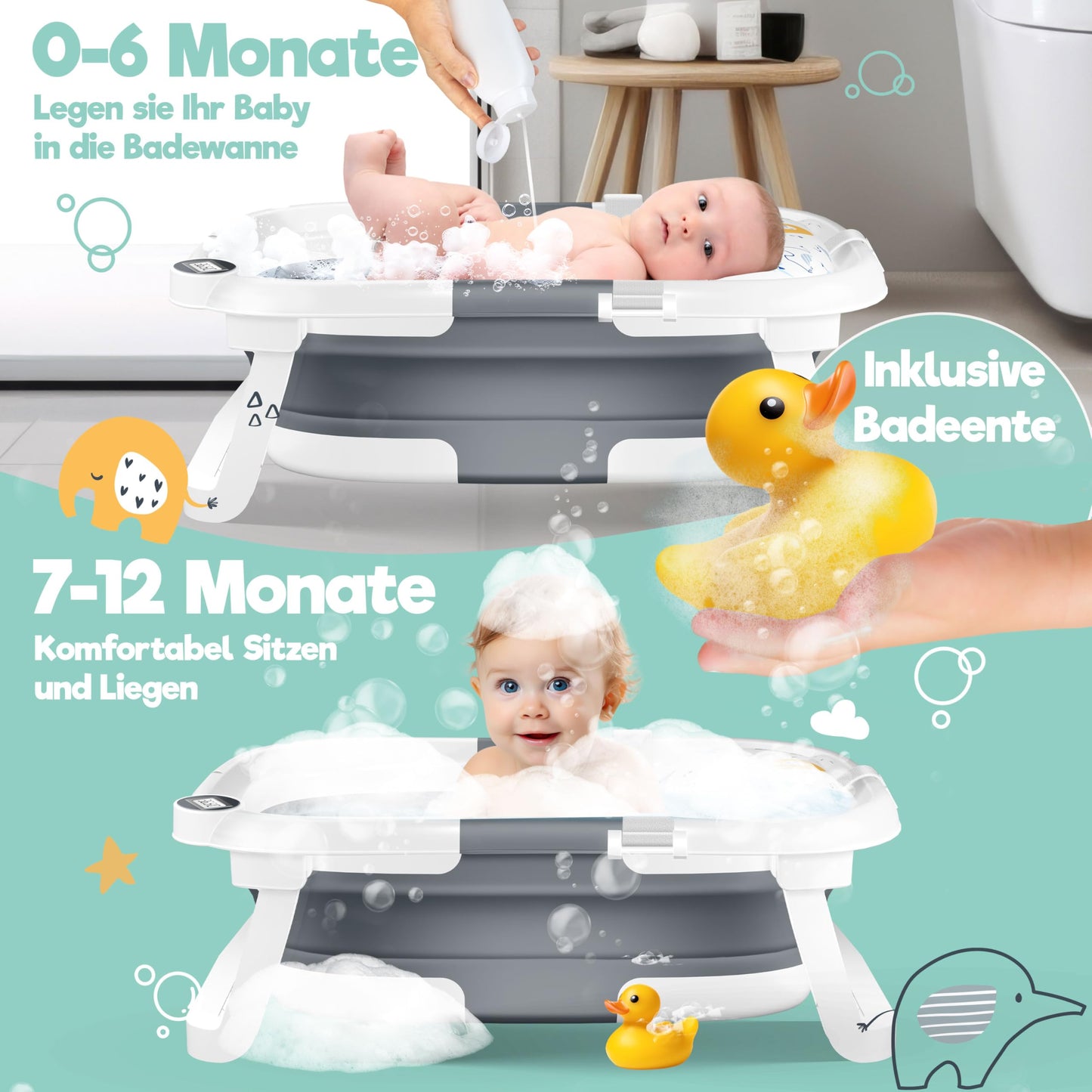 KIDIZ® Baby Bathtub, Baby Bathtub, Space-Saving & Foldable, Bath Tub, Shower Tray for Newborns, Toddlers, 0-24 Months, Portable Travel Shower for Babies, Ergonomic Bathtub with Thermostat and