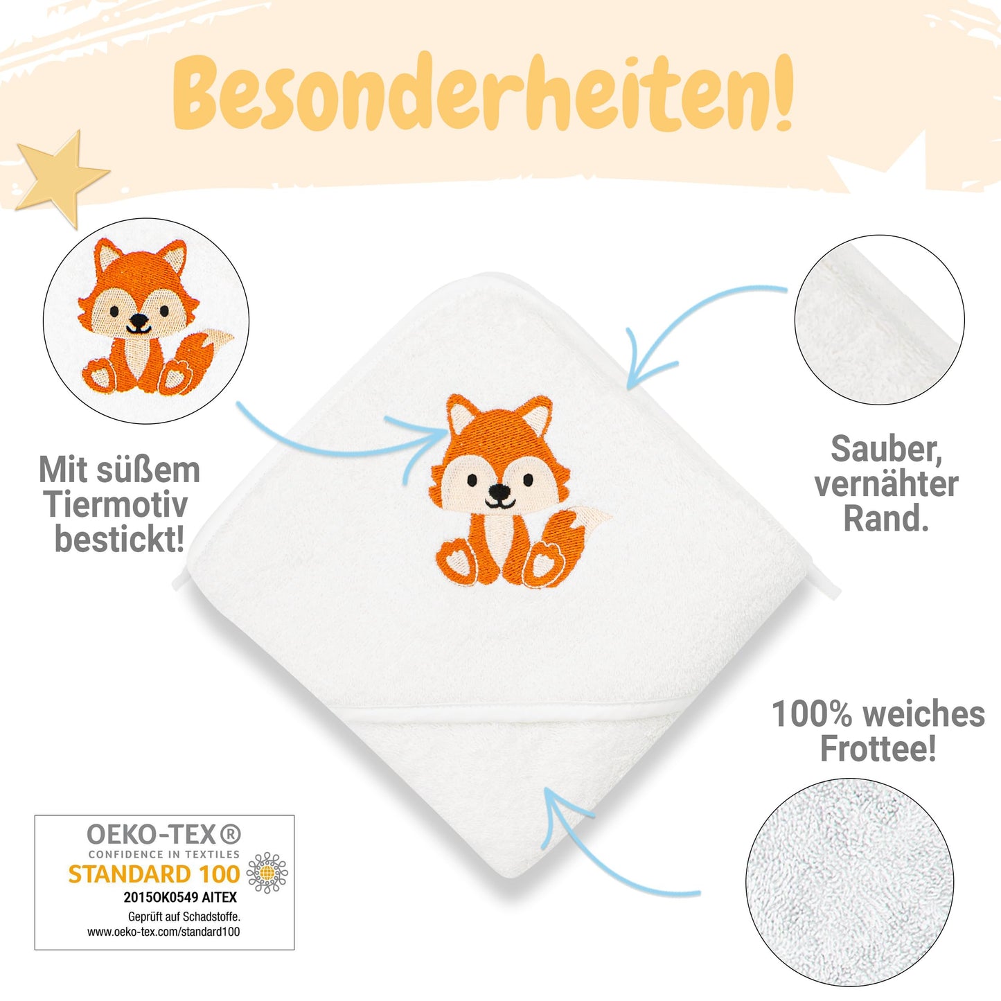 Babykajo Baby-Kapuzenhandtuch-Set mit 2 Waschlappen, Öko-Tex Standard 100 zertifiziert, weiches Frottee-Babyhandtuch mit Kapuze, 80 x 80 cm