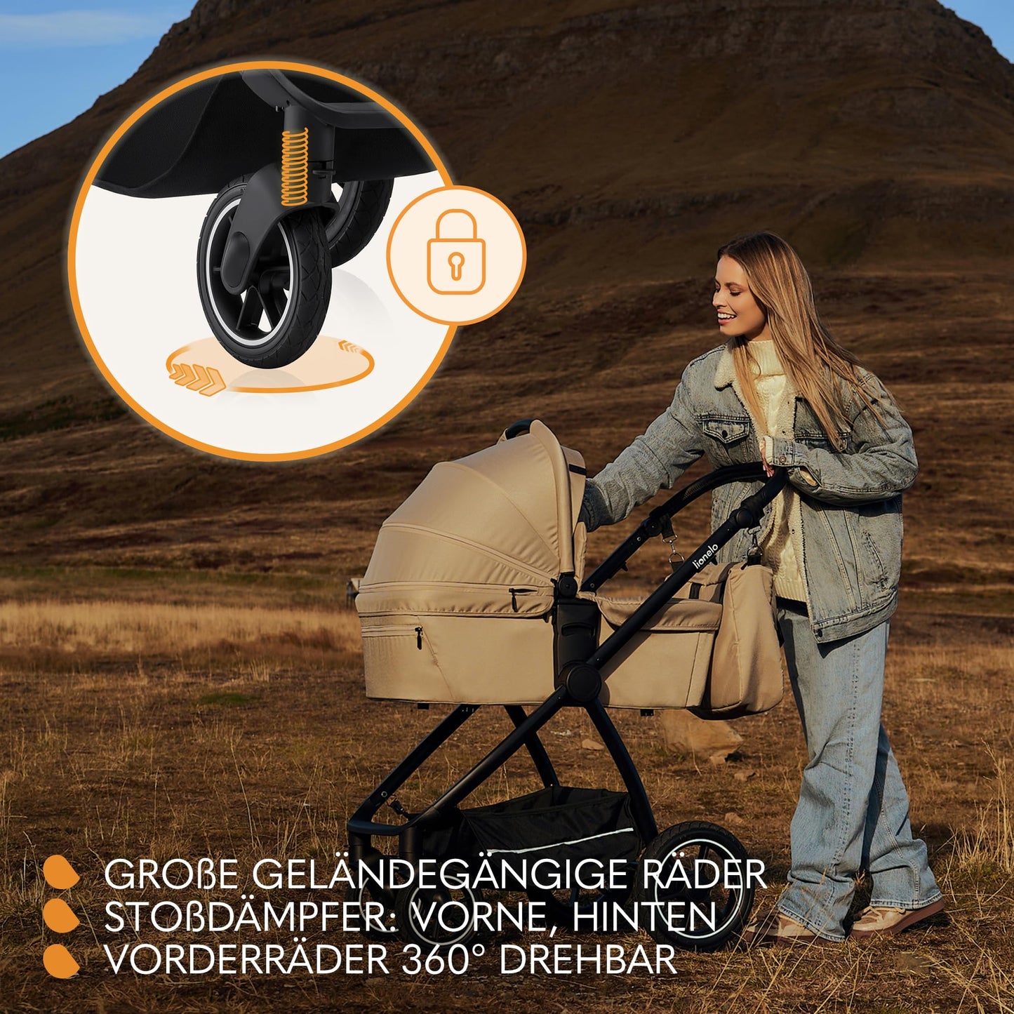 LIONELO MERIL 3-in-1 Multifunktionaler Kinderwagen 0-48 Monate Bis zu 22 kg, Babywanne bis zu 9 kg, Kindersitz bis zu 13 kg, Geländeräder 360°, Vollfederung, XXL-Verdeck mit UPF50+ - Meloni2
