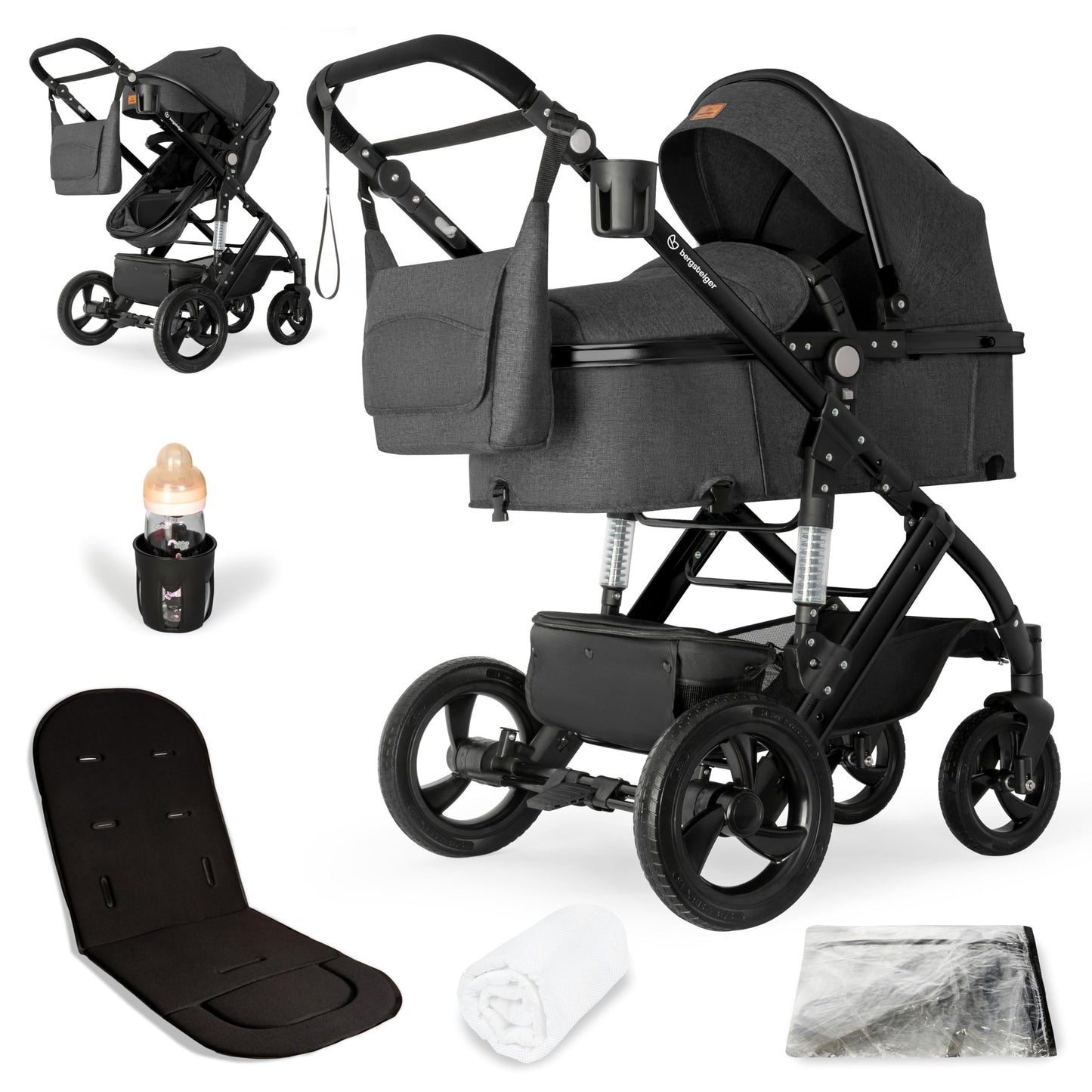 Bergsteiger Nizza 3 in 1 Kinderwagen, Kombikinderwagen Komplettset, Auto-Babyschale & Isofix Station, Babywanne & Buggy Sportsitz inklusive