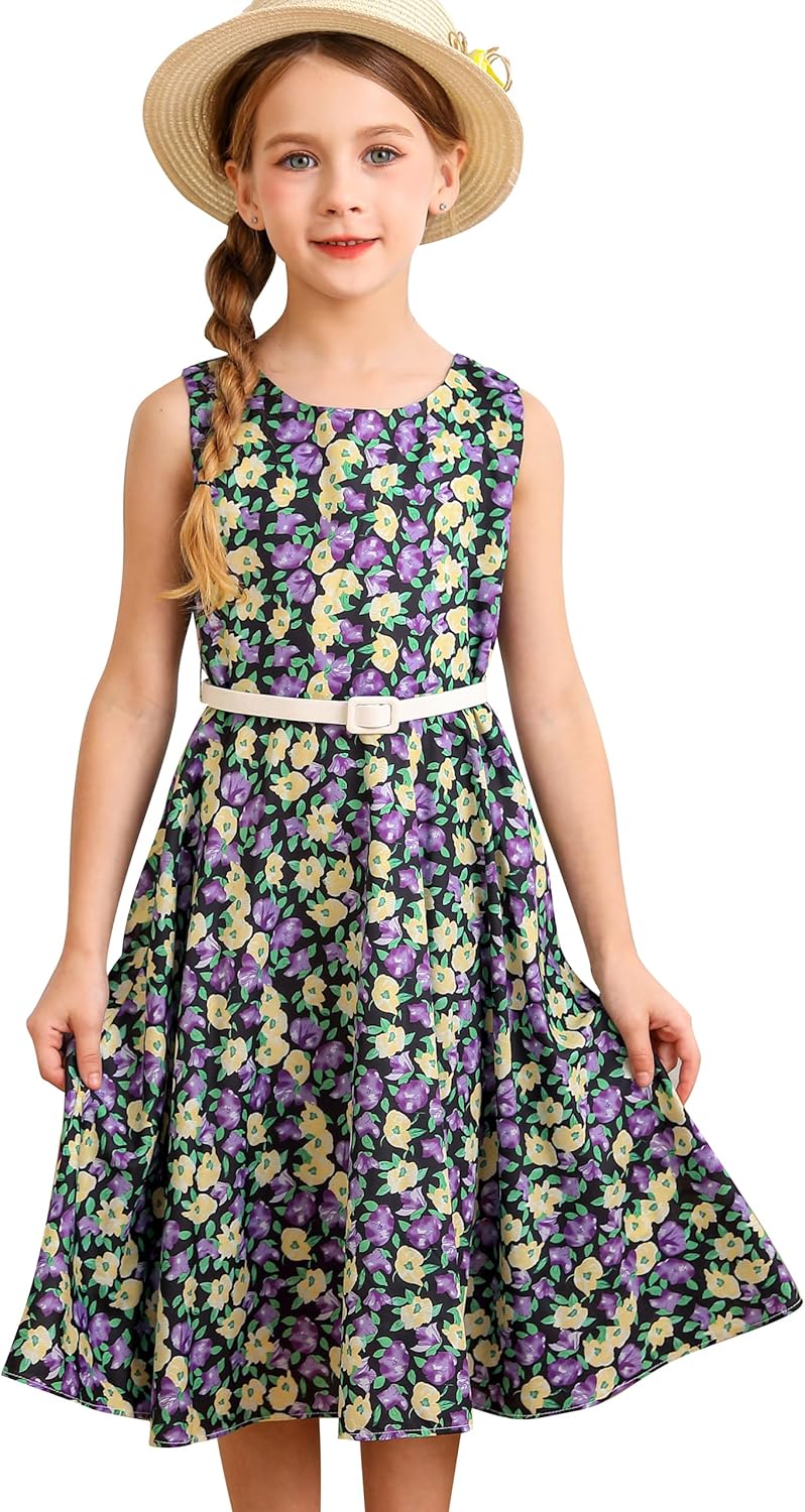 BONNY BILLY Mädchen Kleider Vintage Blumen Festlich Hochzeit Elegant Kinder Kleid mit Gürtel