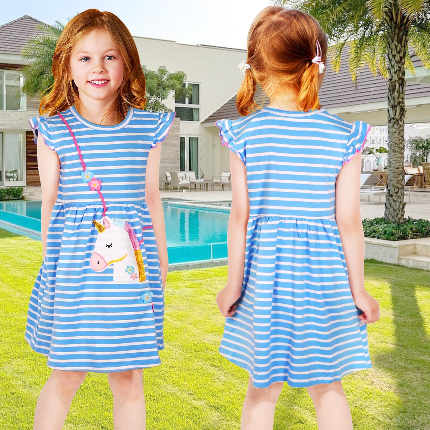 JinBei Mädchen Kleid Baumwolle Rundhals Rüschen Ärmellos Lässige Einhorn Cartoon-Applikationen Blau/Weiße Gestreift Kleidung Kinder Sommer Party Festliches Prinzessin A-Linie Kleider Gr. 98-128