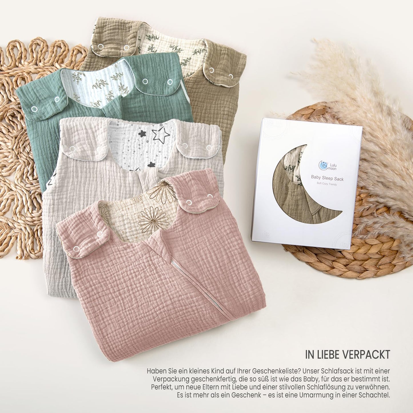 lulumoon Baby Sleeping Bag for 3-9 Months: Muslin Sleeping Bag Baby for Boys and Girls - Cotton Baby Sleeping Bag for 70 cm All-Year Children's Room
