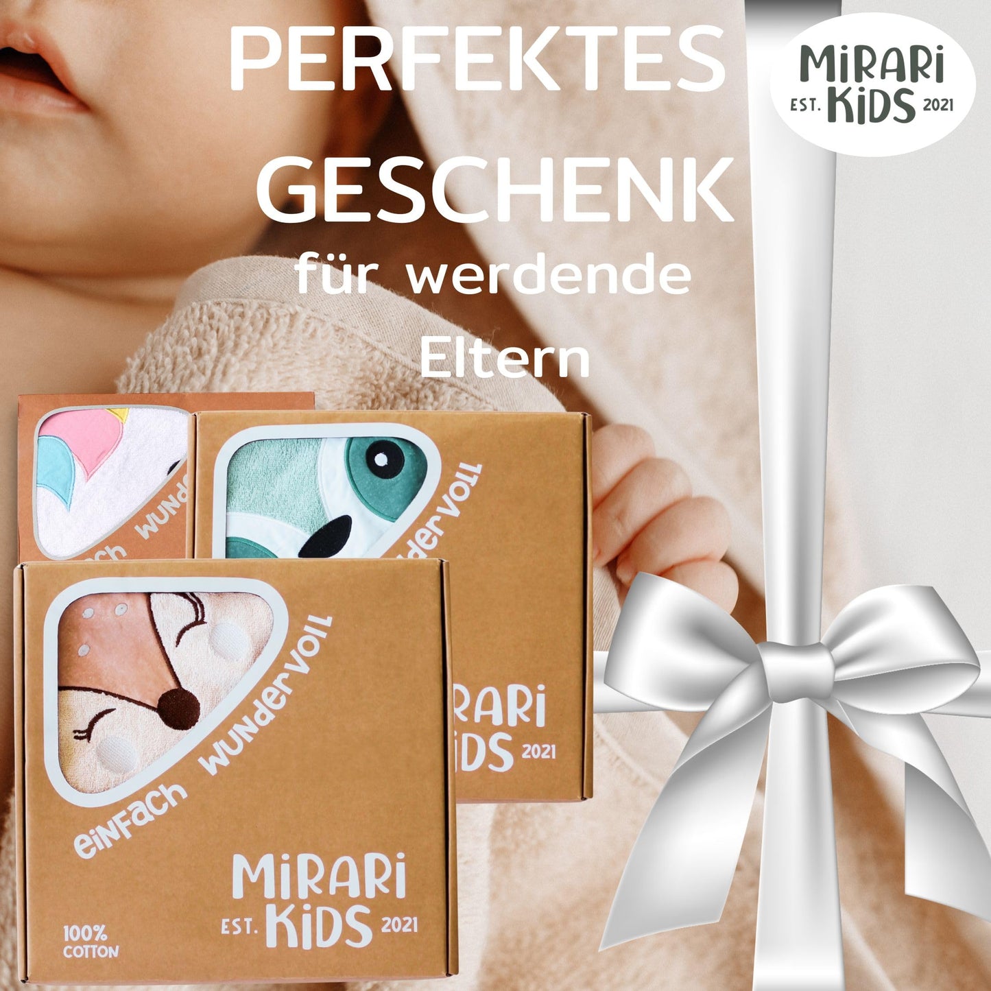 MIRARI Kids Babyhandtuch mit Kapuze und Waschlappen 100x100 cm – Handtuch Rentier aus 100% Baumwolle - REH Badetuch mit Kapuze - Geschenk Geburt - Baby Erstausstattung Neugeborenen Set