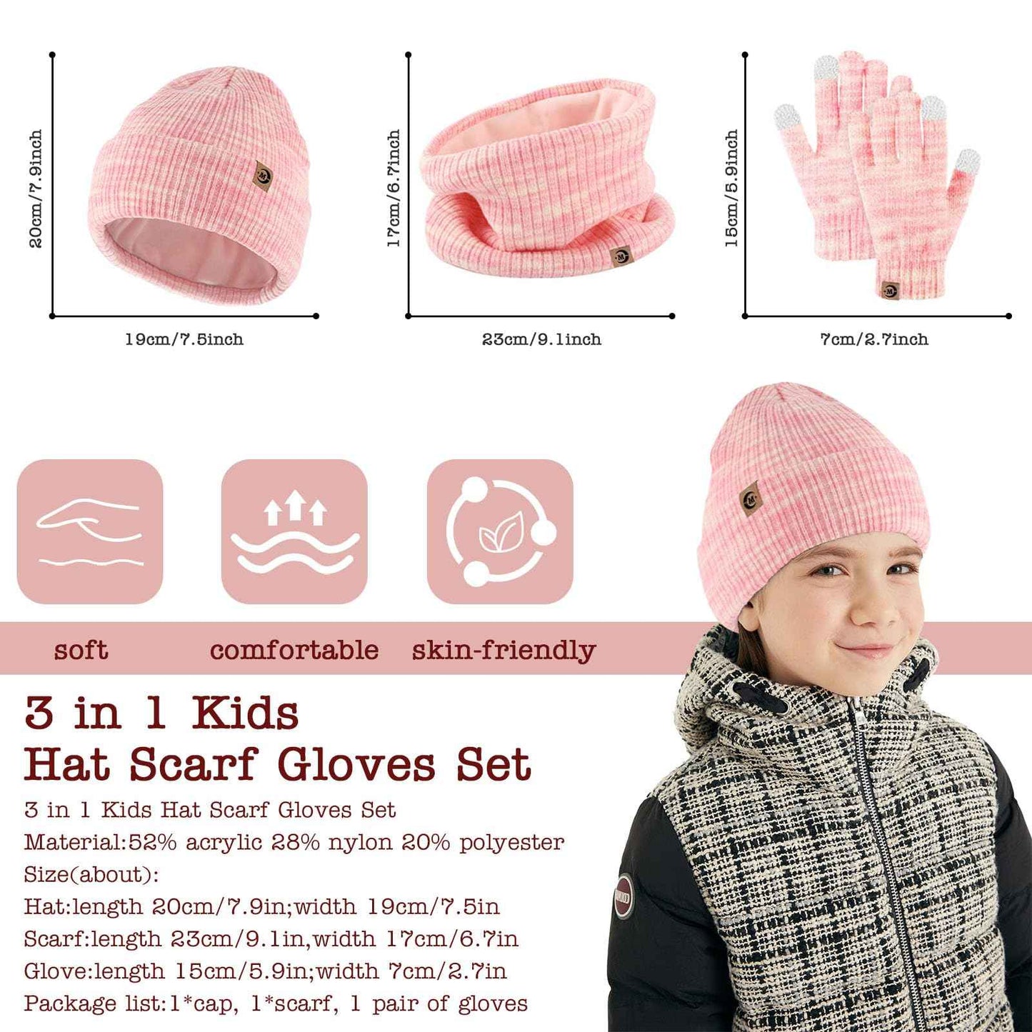 MARUKO Children's Winter Hat Scarf Gloves Set 3 in 1, Toddler Knitted Beanie Neck Warmer, Thick Fleece Thermal Knit Hat Scarf Gloves Set for Children Aged 2-8