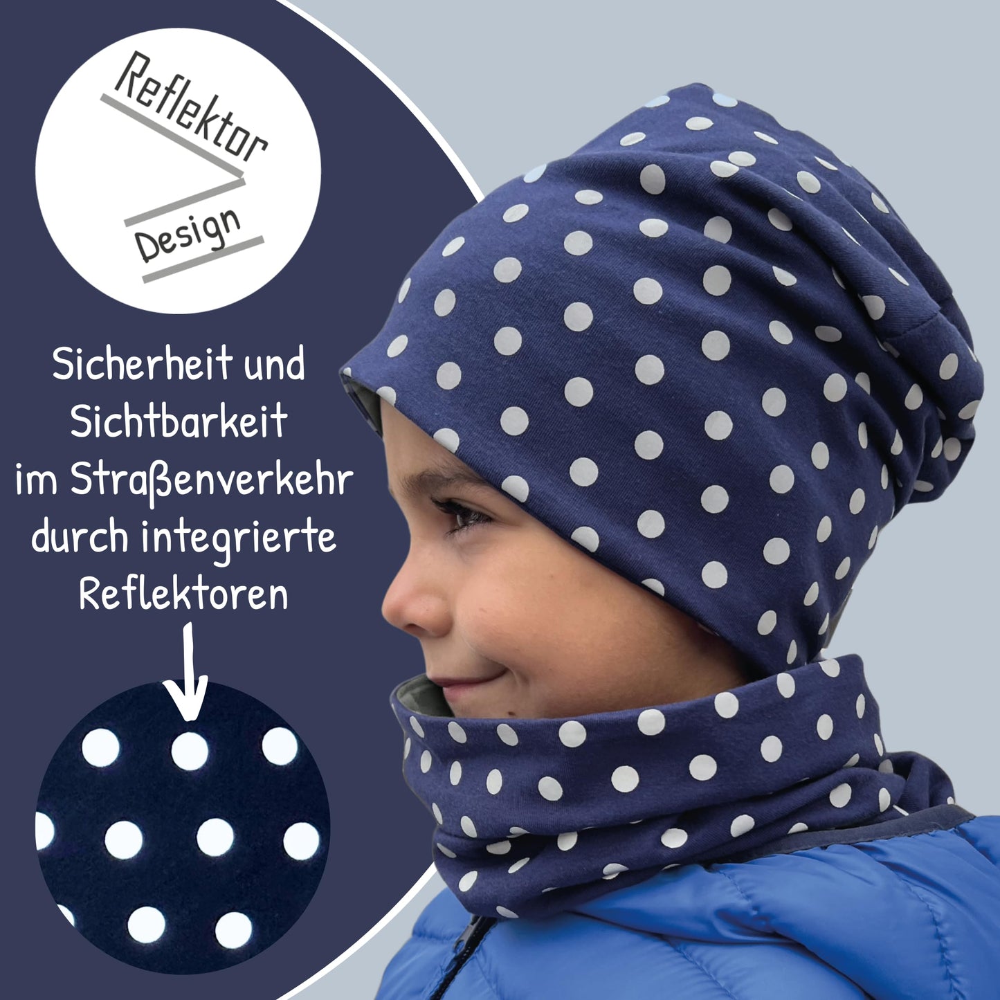 Heckbo 360° Reflector Children's Hat & Loop Scarf Set, Many Designs, 2–8 Years, 95% Cotton, Soft & Easy-Care Stretch Material, for Boys, Girls, Beanie for Spring, Summer, Autumn, Winter