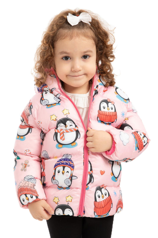 Generisch Wasserdichte Mädchen Winterjacke mit Kapuze – Rosa Jacke mit Pinguin-Muster – Atmungsaktive, Winddichte Übergangsjacke für Herbst und Winter