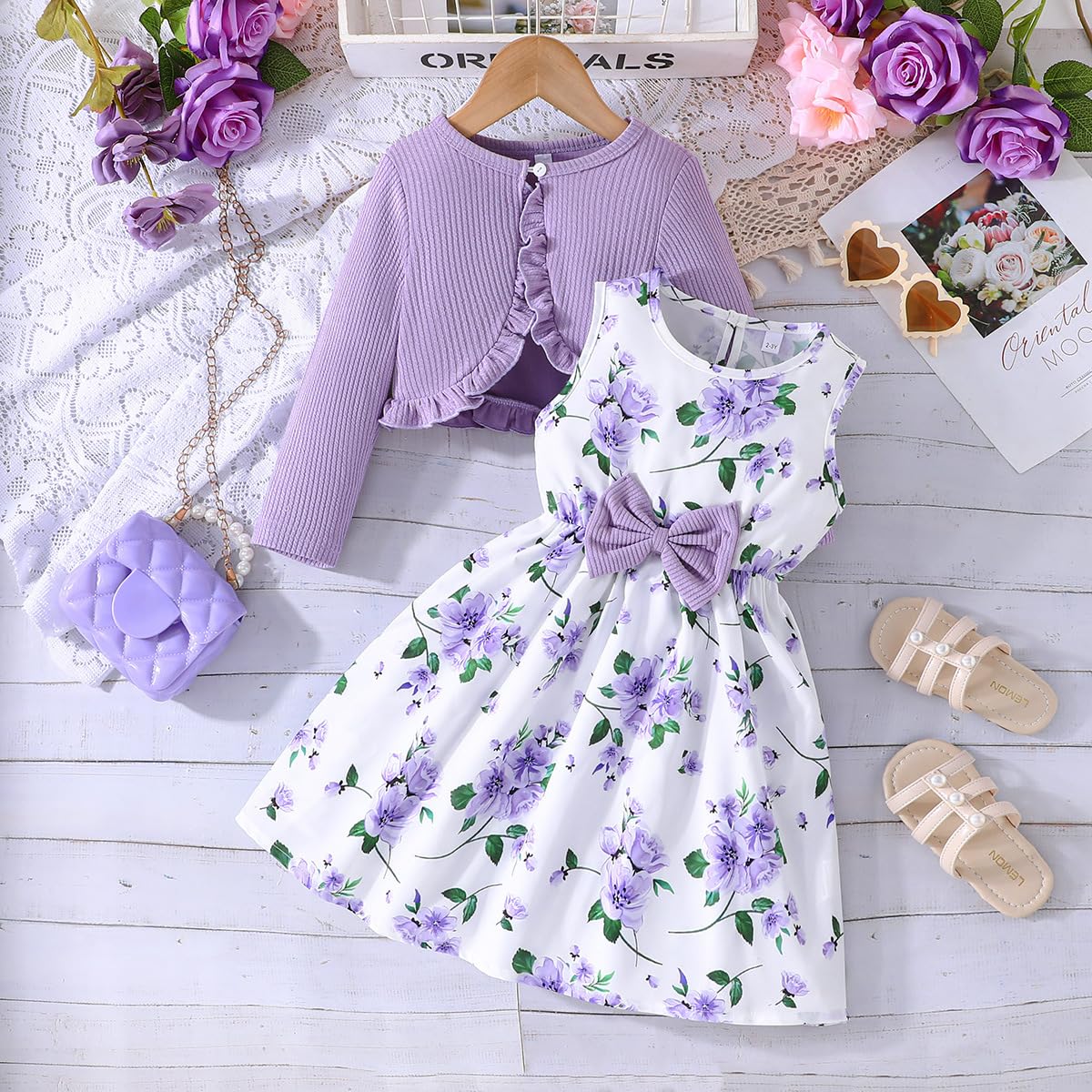 Yanmucy Kleine Mädchen Kleider mit Strickjacke Sets Baby Mädchen Kleider Kleinkind Kinder Langarm Ruffle Mantel Mädchen Kleidung für 2-8 Jahre