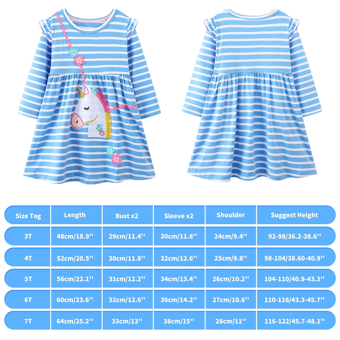 JinBei Mädchen Kleid Baumwolle Rundhals Rüschen Ärmellos Lässige Einhorn Cartoon-Applikationen Blau/Weiße Gestreift Kleidung Kinder Sommer Party Festliches Prinzessin A-Linie Kleider Gr. 98-128