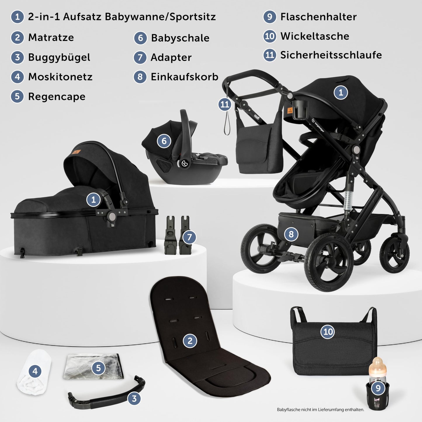 Bergsteiger Nizza 3 in 1 Kinderwagen, Kombikinderwagen Komplettset, Auto-Babyschale & Isofix Station, Babywanne & Buggy Sportsitz inklusive