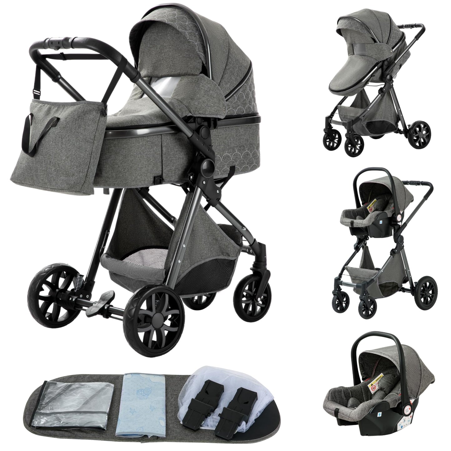 YAZOCO Kinderwagen 3 in 1 Buggy Babybett Komplett Set mit einem Klick Zusammenklappbarer Kinderwagen, KombiKinderwagen Aluminiumrahmen für Neugeborene Sitzzubehör - Meloni2
